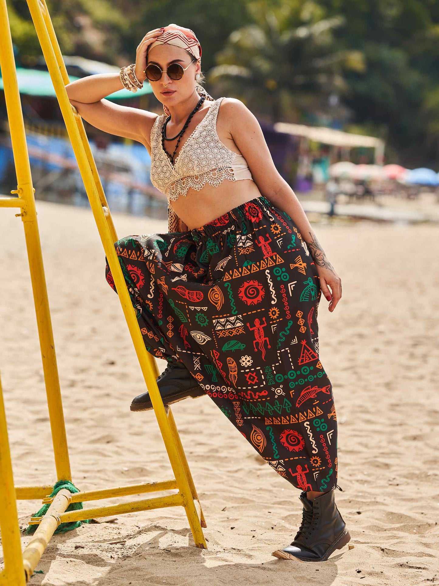 Buy Women's Boho Abstract Print Genie Aladdin Balloon Harem Pants For Yoga