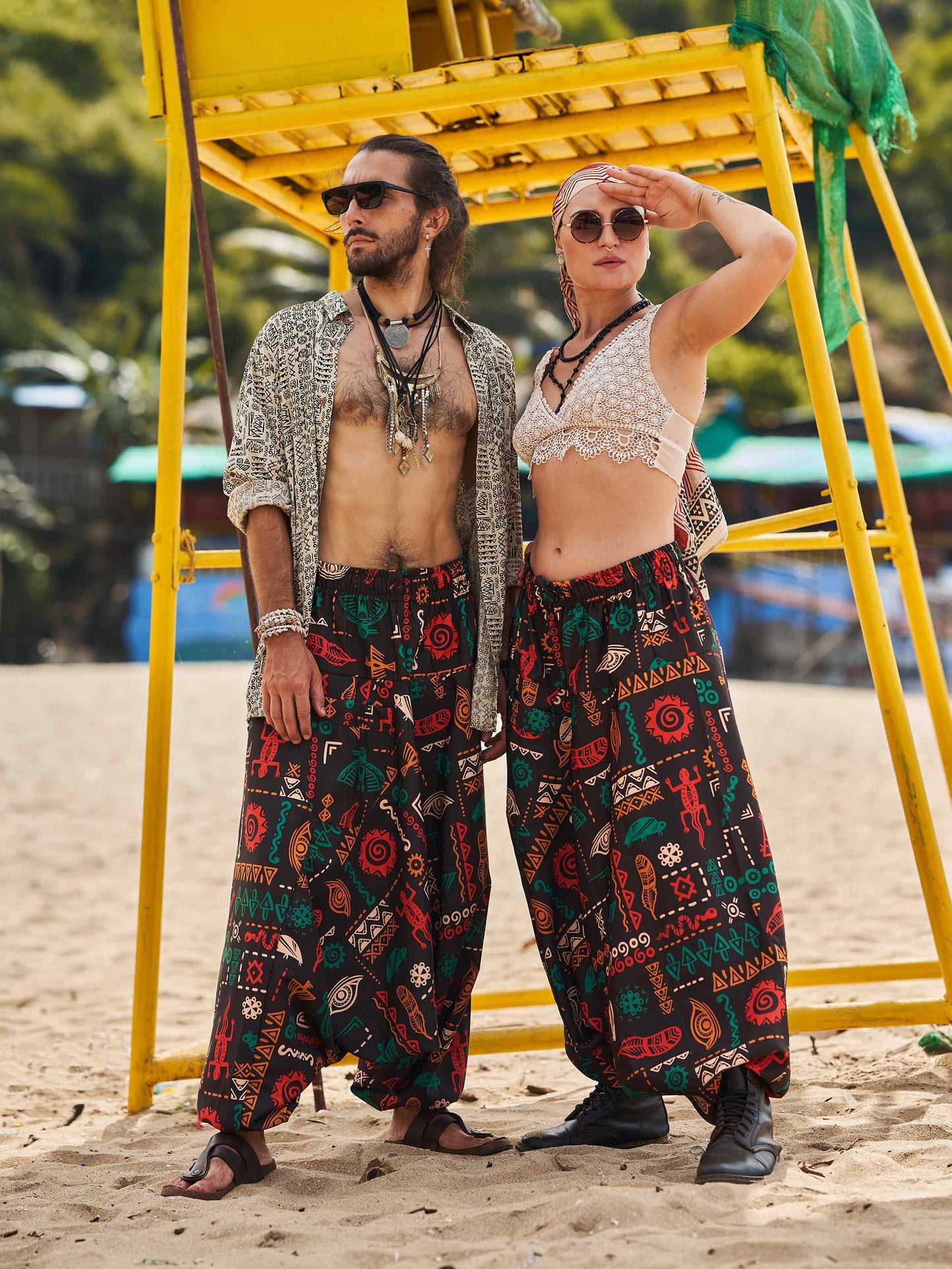 Buy Men's Boho Abstract Print Genie Aladdin Balloon Harem Pants For Yoga