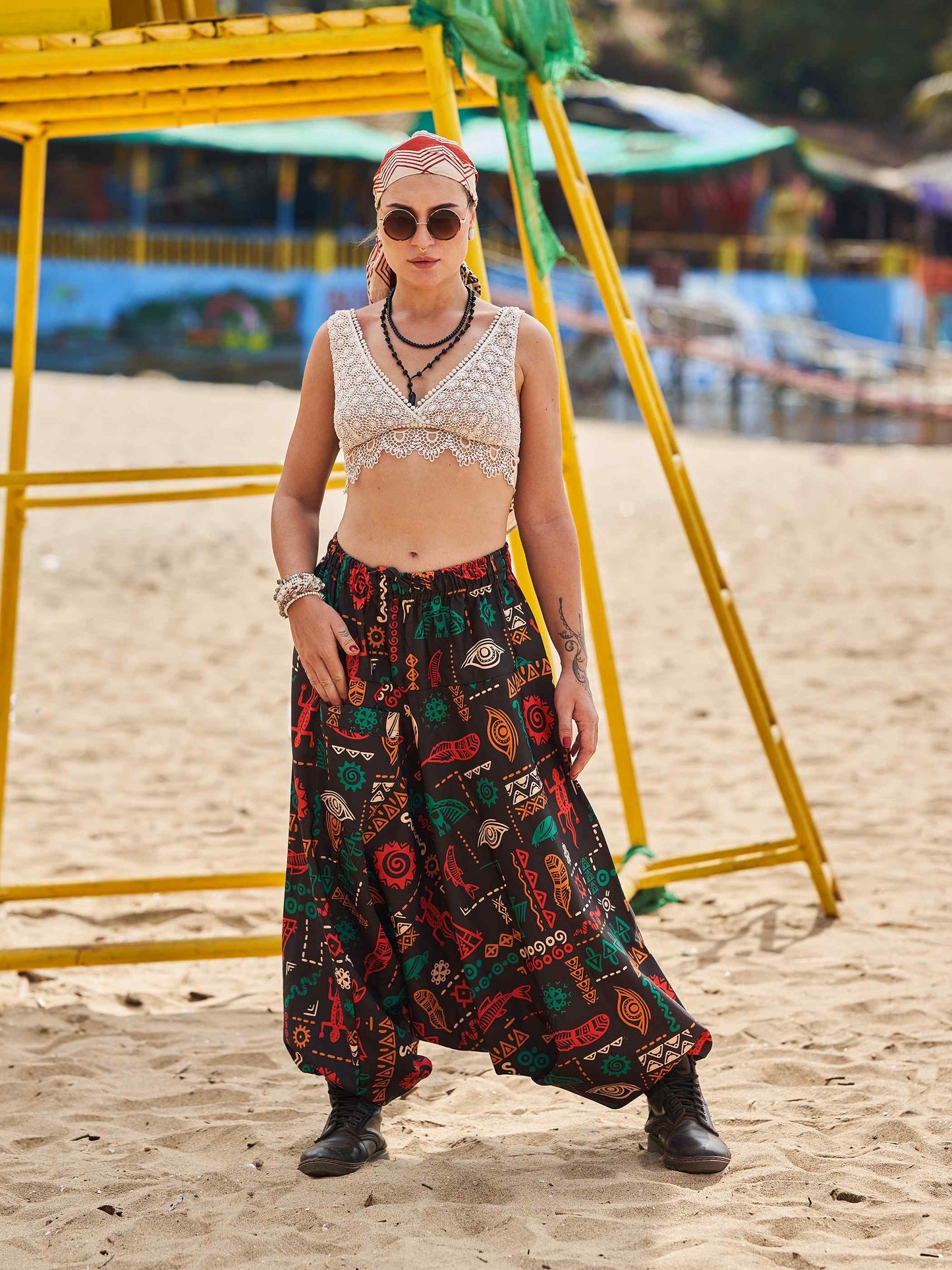 Buy Women's Boho Abstract Print Genie Aladdin Balloon Harem Pants For Yoga