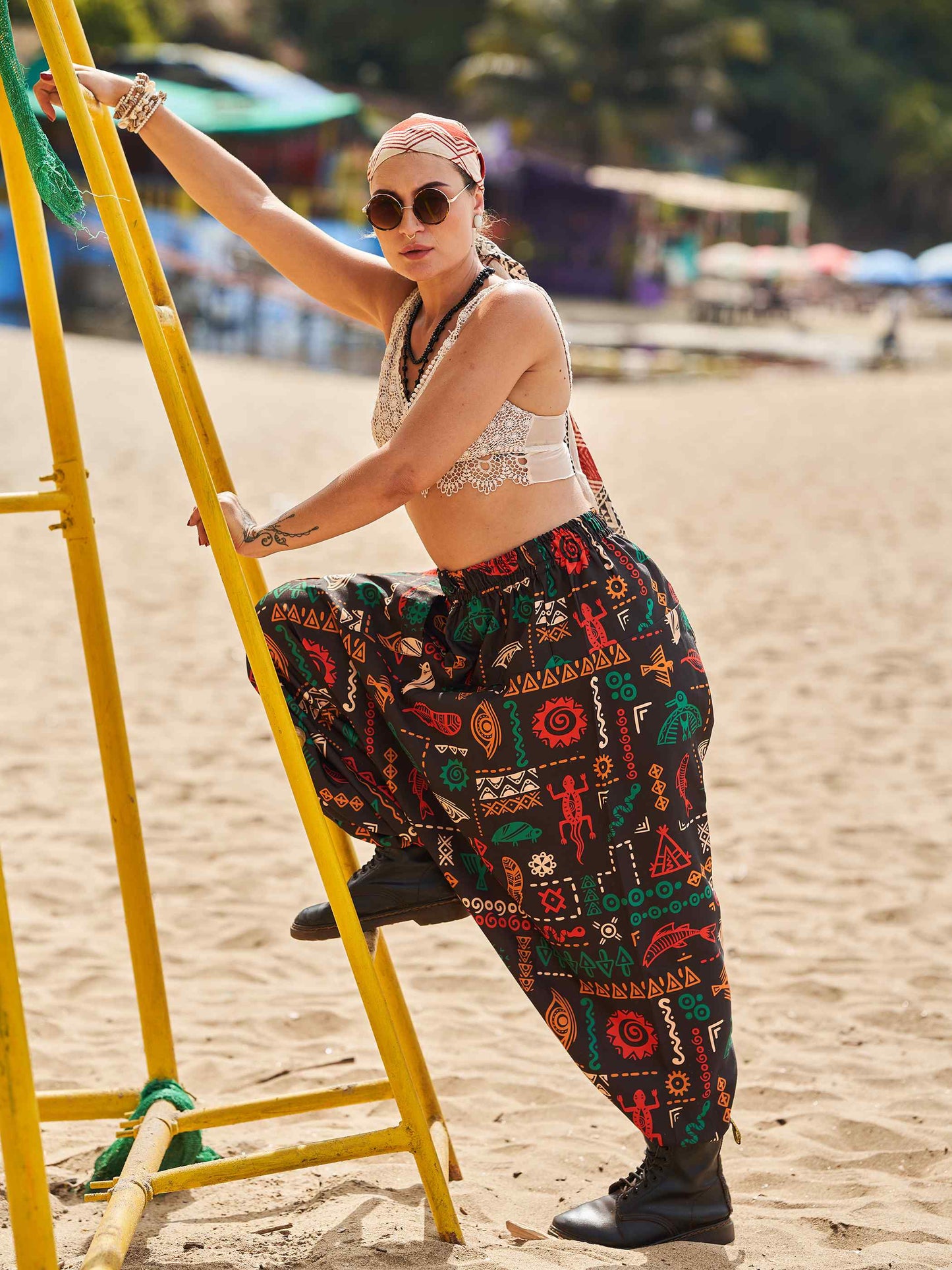 Buy Women's Boho Abstract Print Genie Aladdin Balloon Harem Pants For Yoga