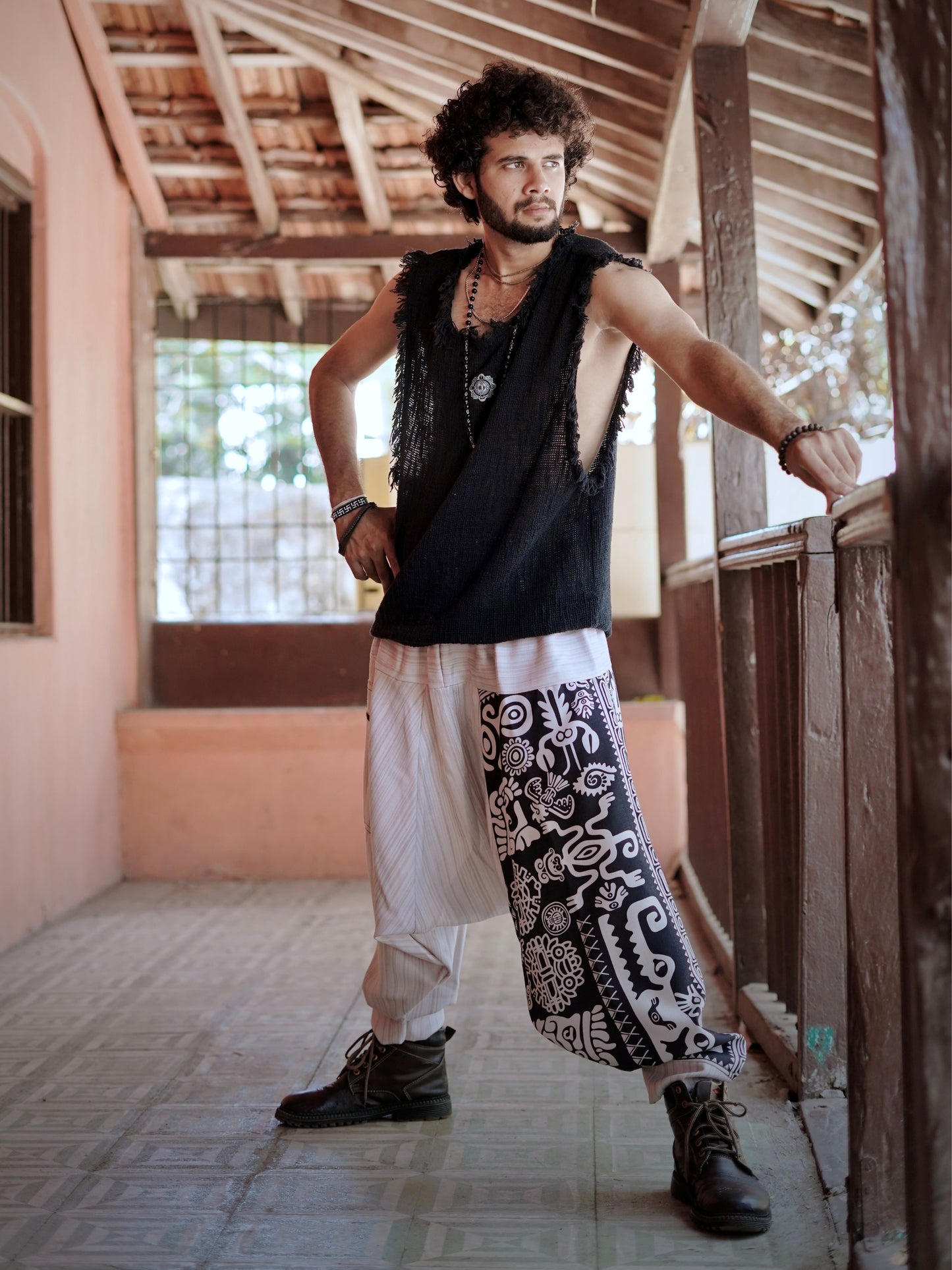 Men’s Tribal Print Harem Pants – Free Size Boho Aladdin Pants for Travel, Dance & Yoga