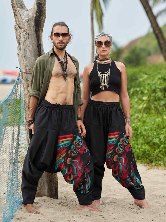 Buy Unisex Couple Tribal Feather Hat Print Hippy Harem Pants For Dance Yoga Travel