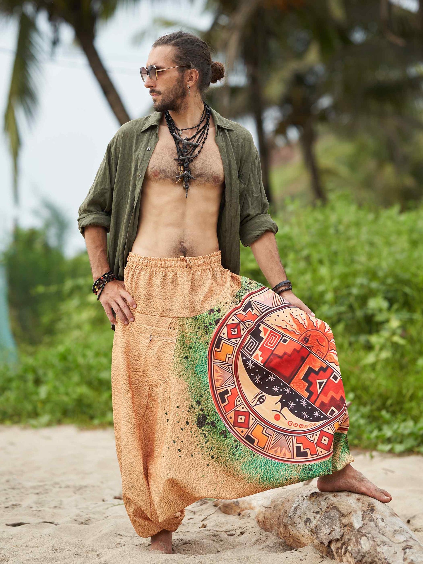 Buy Men's Sun and Moon Print Boho Genie Hippy Harem Pants For Travel Yoga Dance