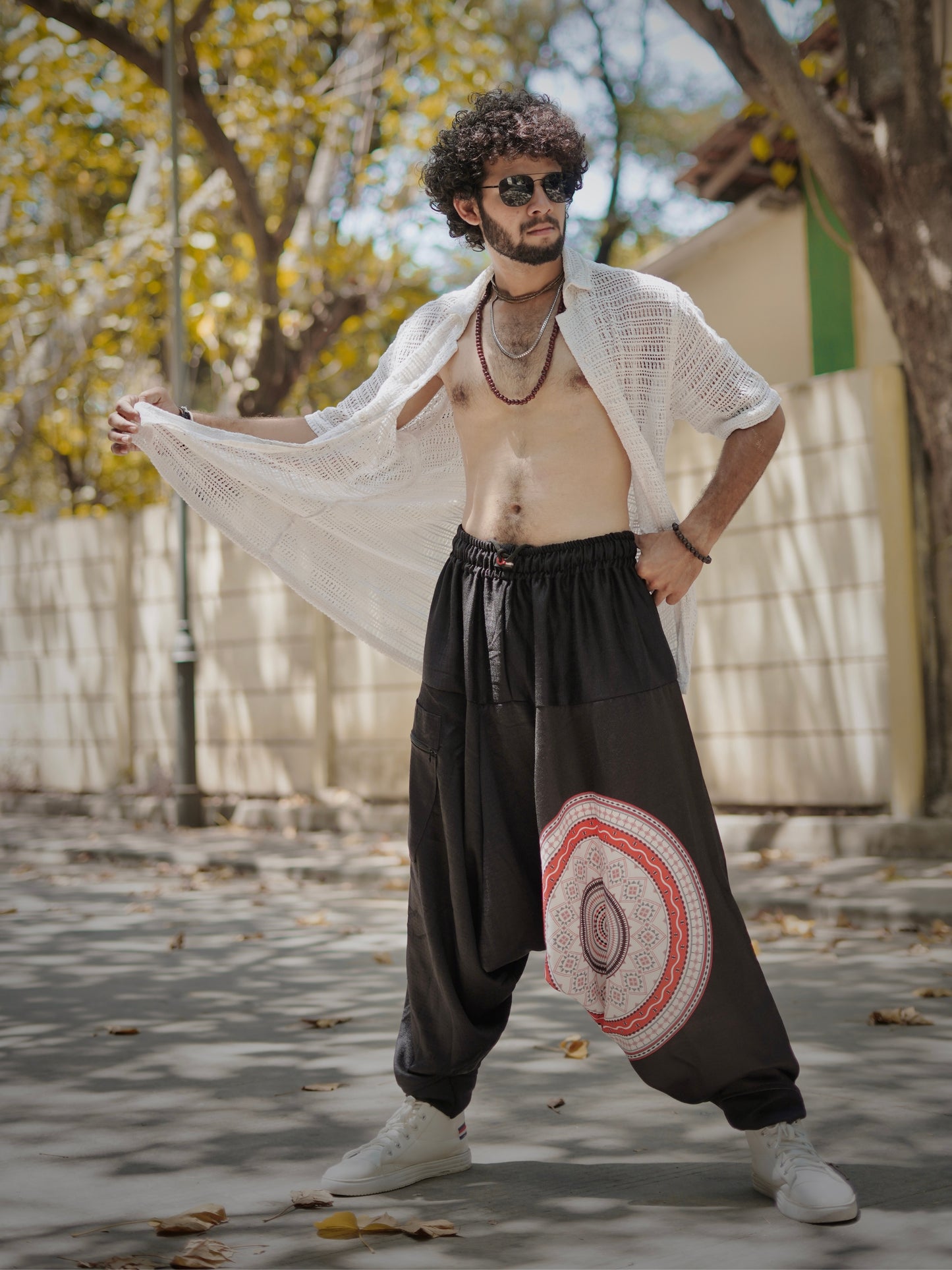 Men’s Black Harem Pants with Mandala Print – Free Size for Dance, Yoga & Travel