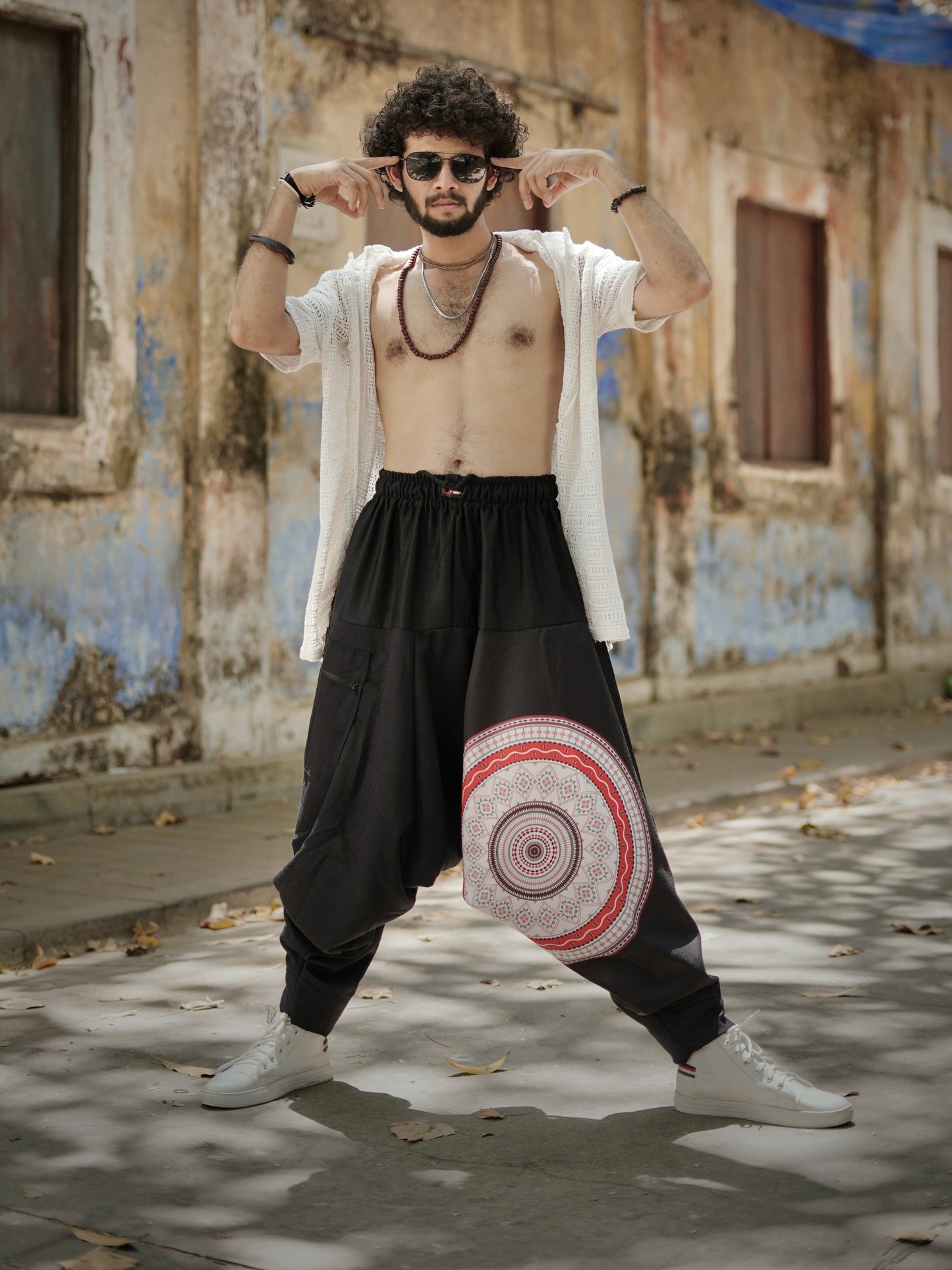 Men’s Black Harem Pants with Mandala Print – Free Size for Dance, Yoga & Travel