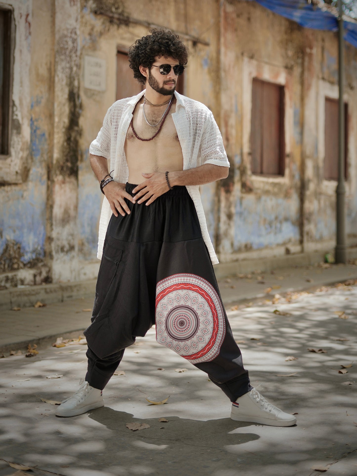 Men’s Black Harem Pants with Mandala Print – Free Size for Dance, Yoga & Travel