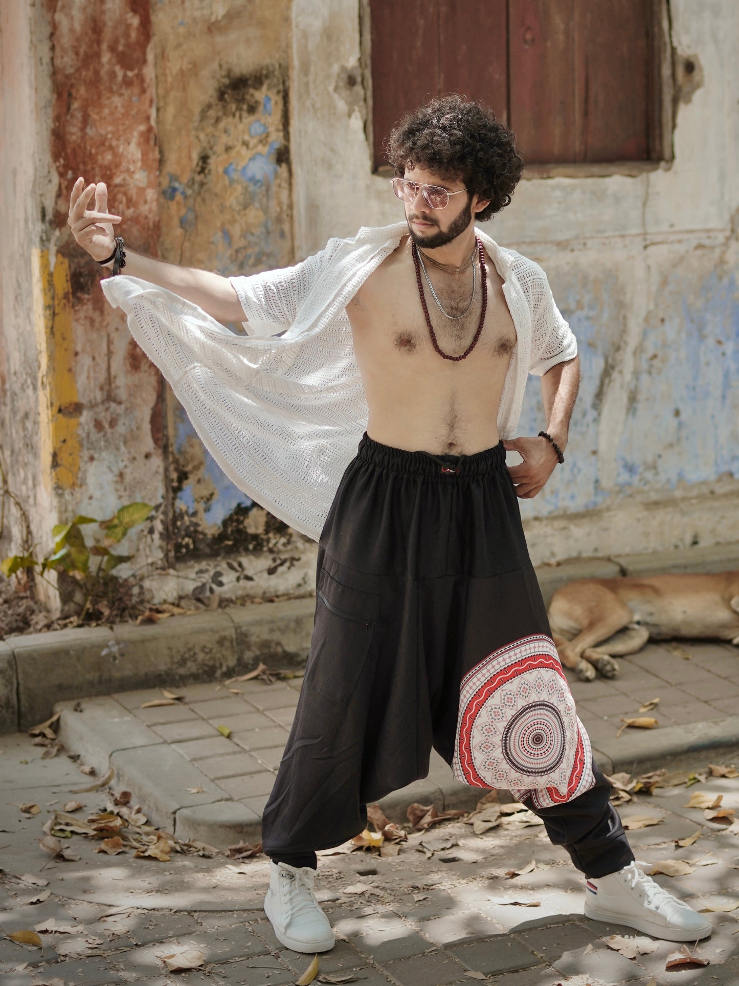 Men’s Black Harem Pants with Mandala Print – Free Size for Dance, Yoga & Travel