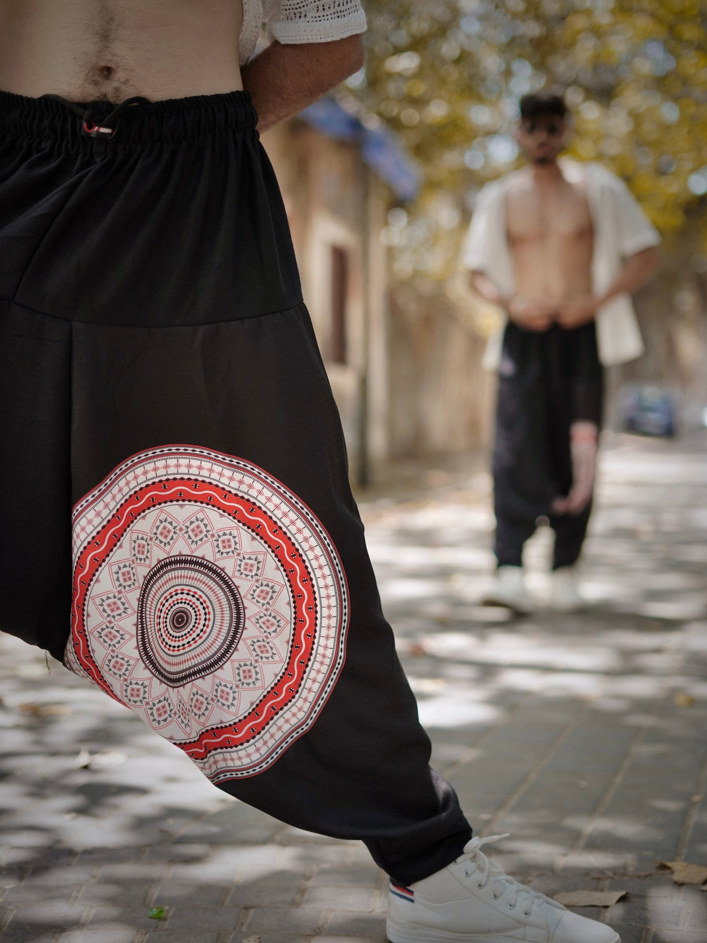 Men’s Black Harem Pants with Mandala Print – Free Size for Dance, Yoga & Travel