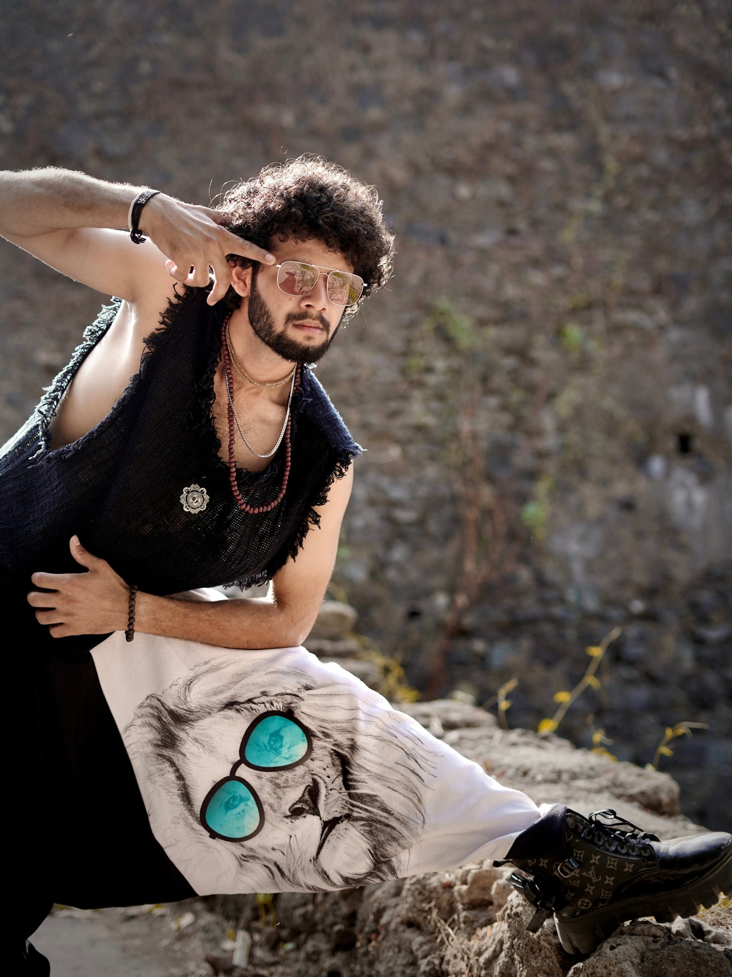 Men’s Black & White Harem Pants with Lion Print – Streetwear for Dance, Travel & Yoga