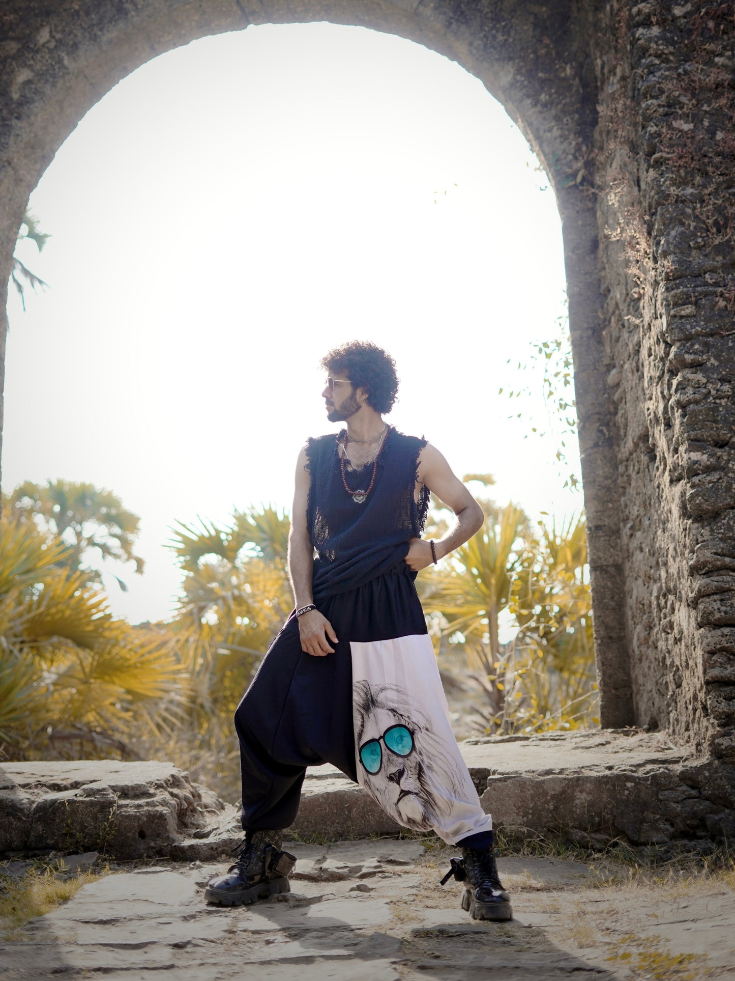 Men’s Black & White Harem Pants with Lion Print – Streetwear for Dance, Travel & Yoga
