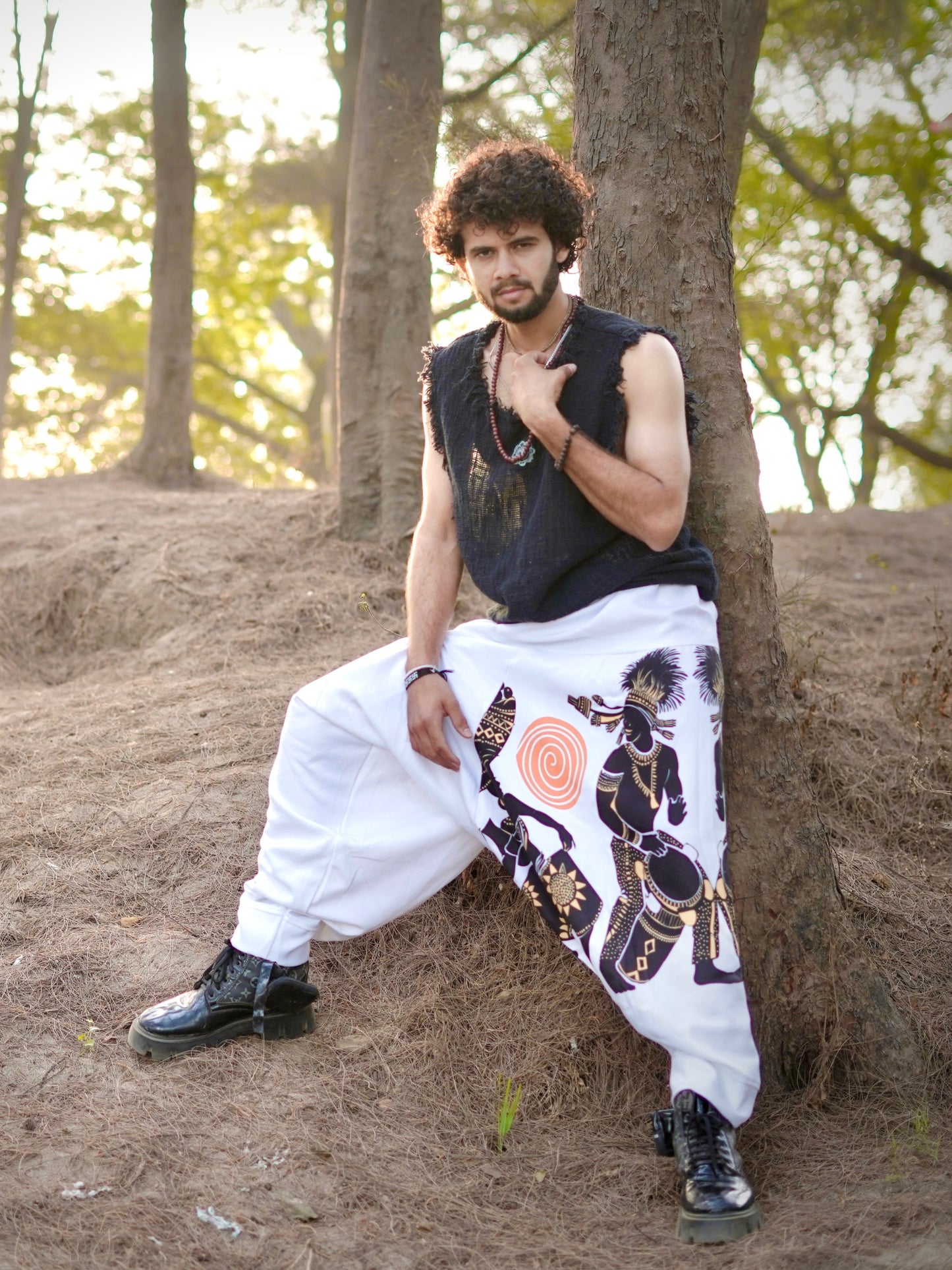 Men’s Printed White Harem Pants for Dance, Yoga, and Travel – Free Size | Boho Tribal Style