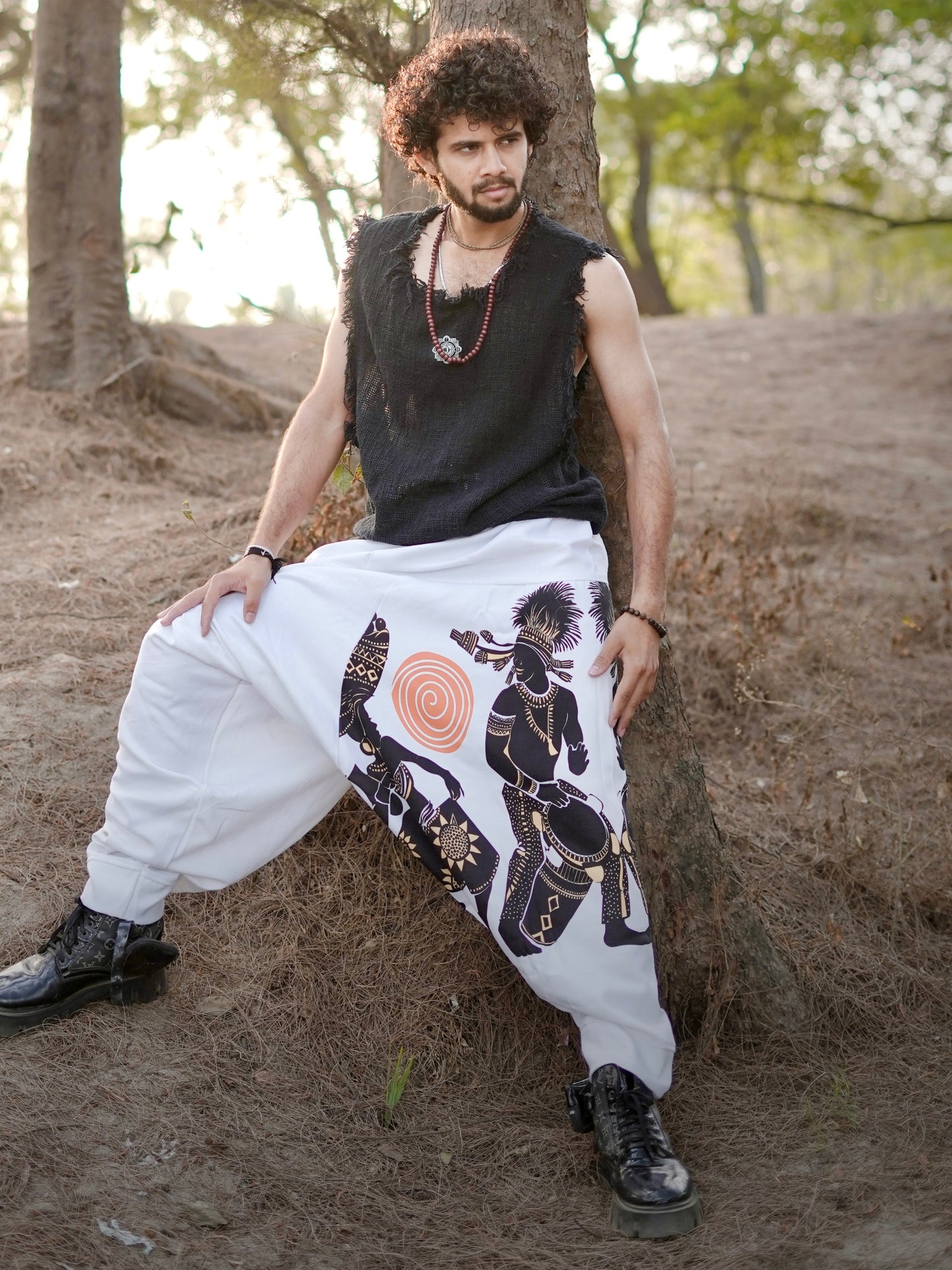 Men’s Printed White Harem Pants for Dance, Yoga, and Travel – Free Size | Boho Tribal Style