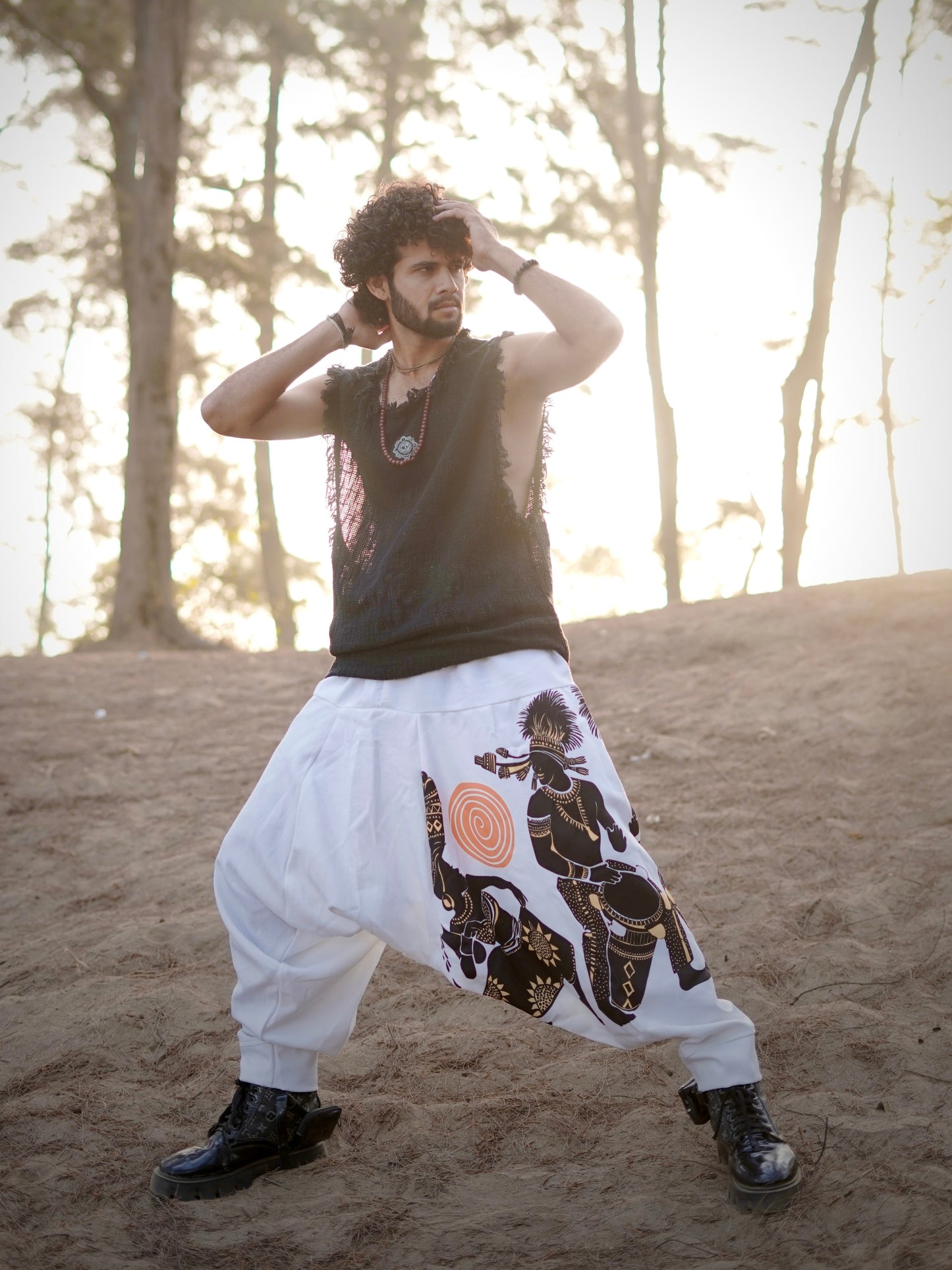 Men’s Printed White Harem Pants for Dance, Yoga, and Travel – Free Size | Boho Tribal Style