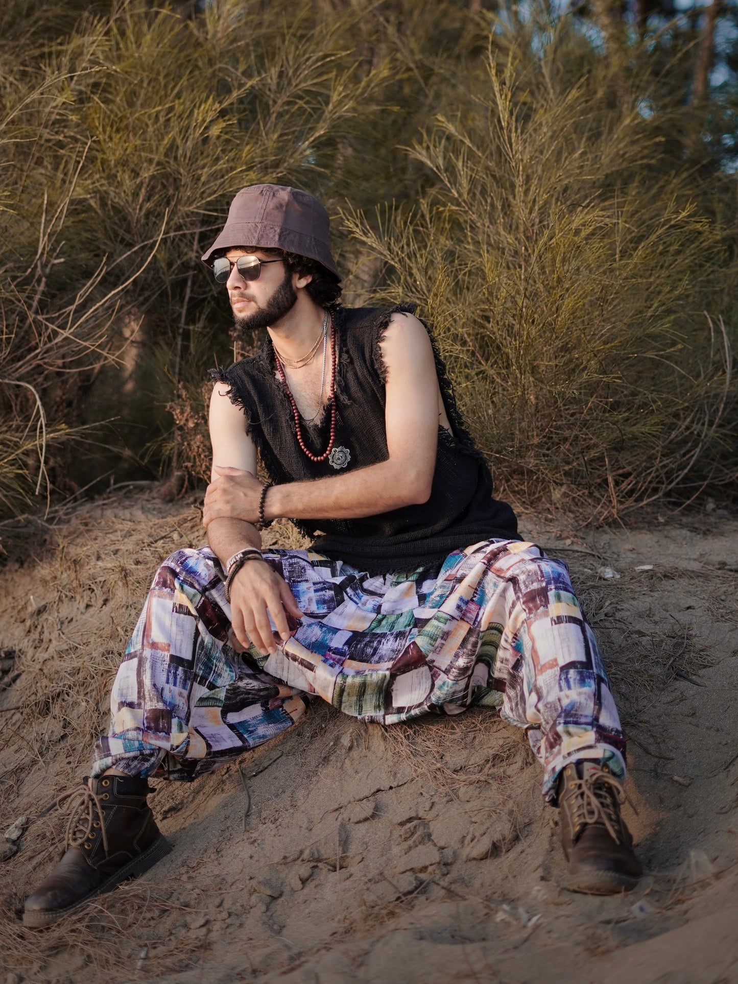 Men’s Multicolor Abstract Print Harem Pants – Free Size Boho Style for Dance, Travel & Yoga