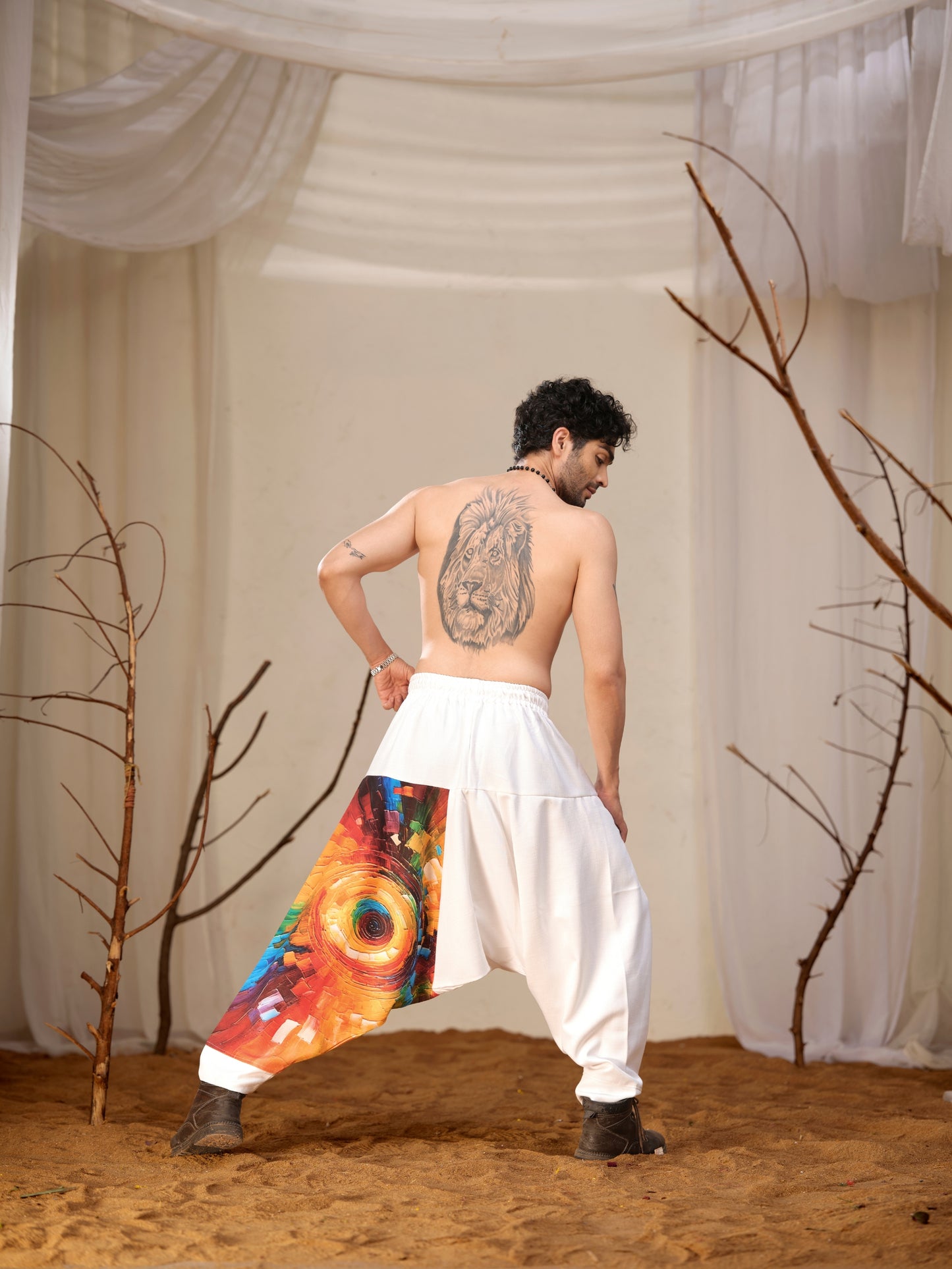 Multi Color Men’s Harem Pants – White Streetwear for Yoga, Dance & Travel