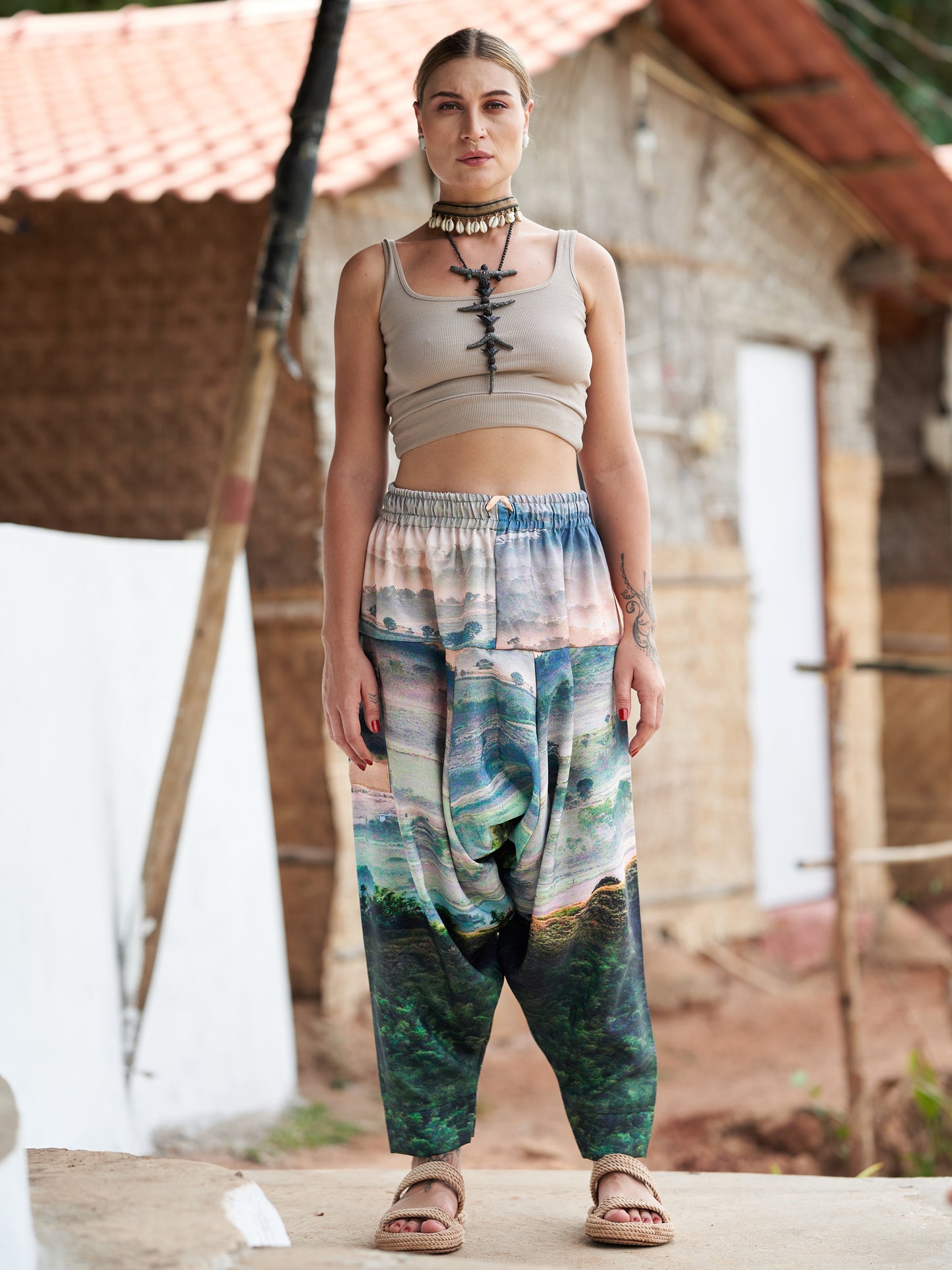 Women's Nature Print Bohemian Hippy Aladdin Balloon Harem Pants For Travel Yoga Dance
