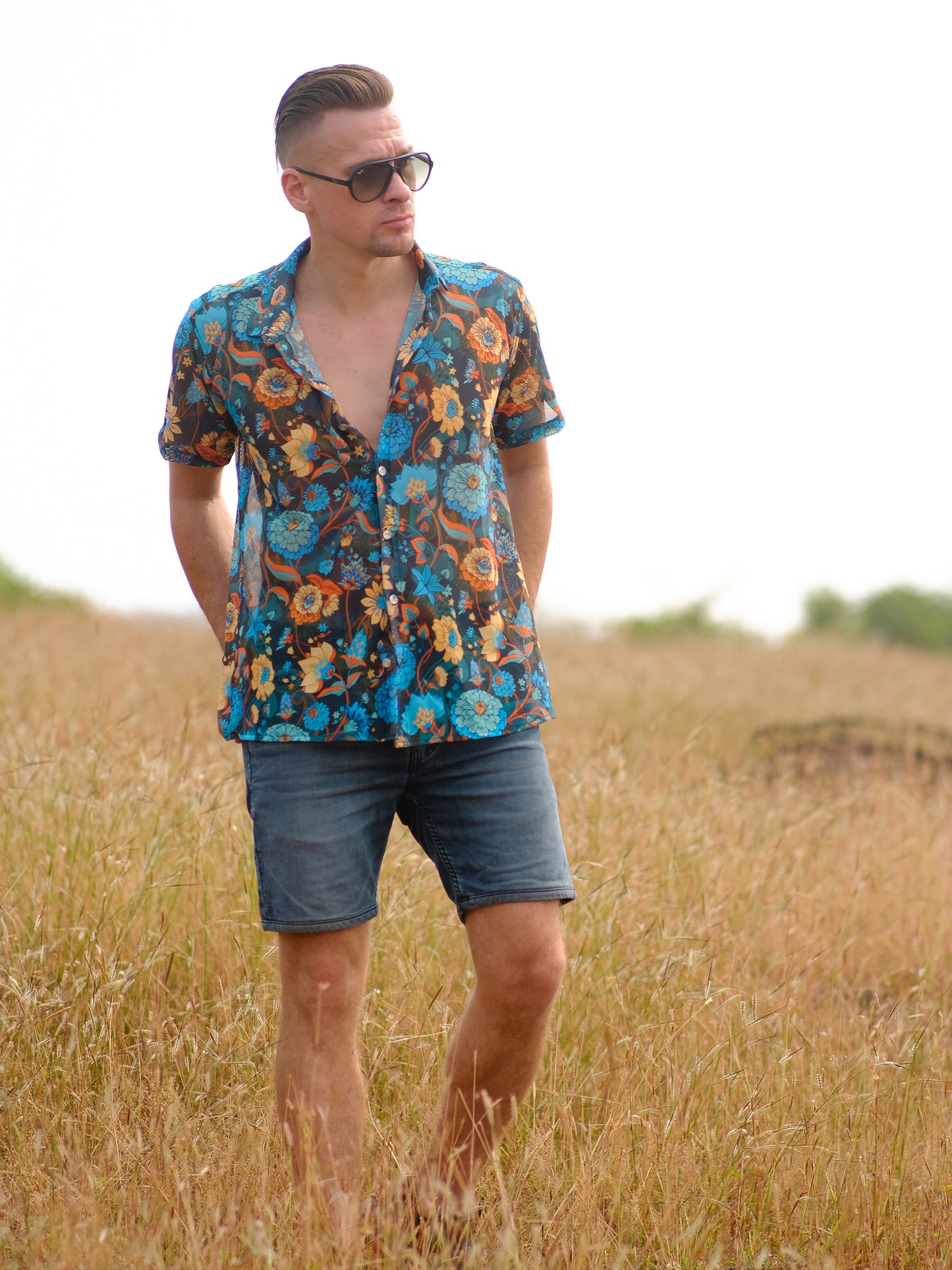 Men's Floral Oversized Net Azure Stylish Shirt For Travel