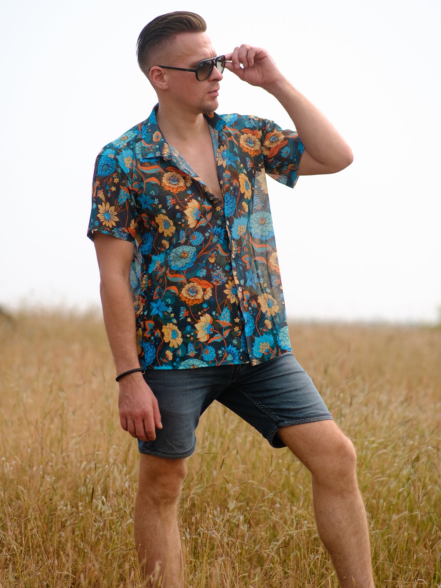 Men's Floral Oversized Net Azure Stylish Shirt For Travel
