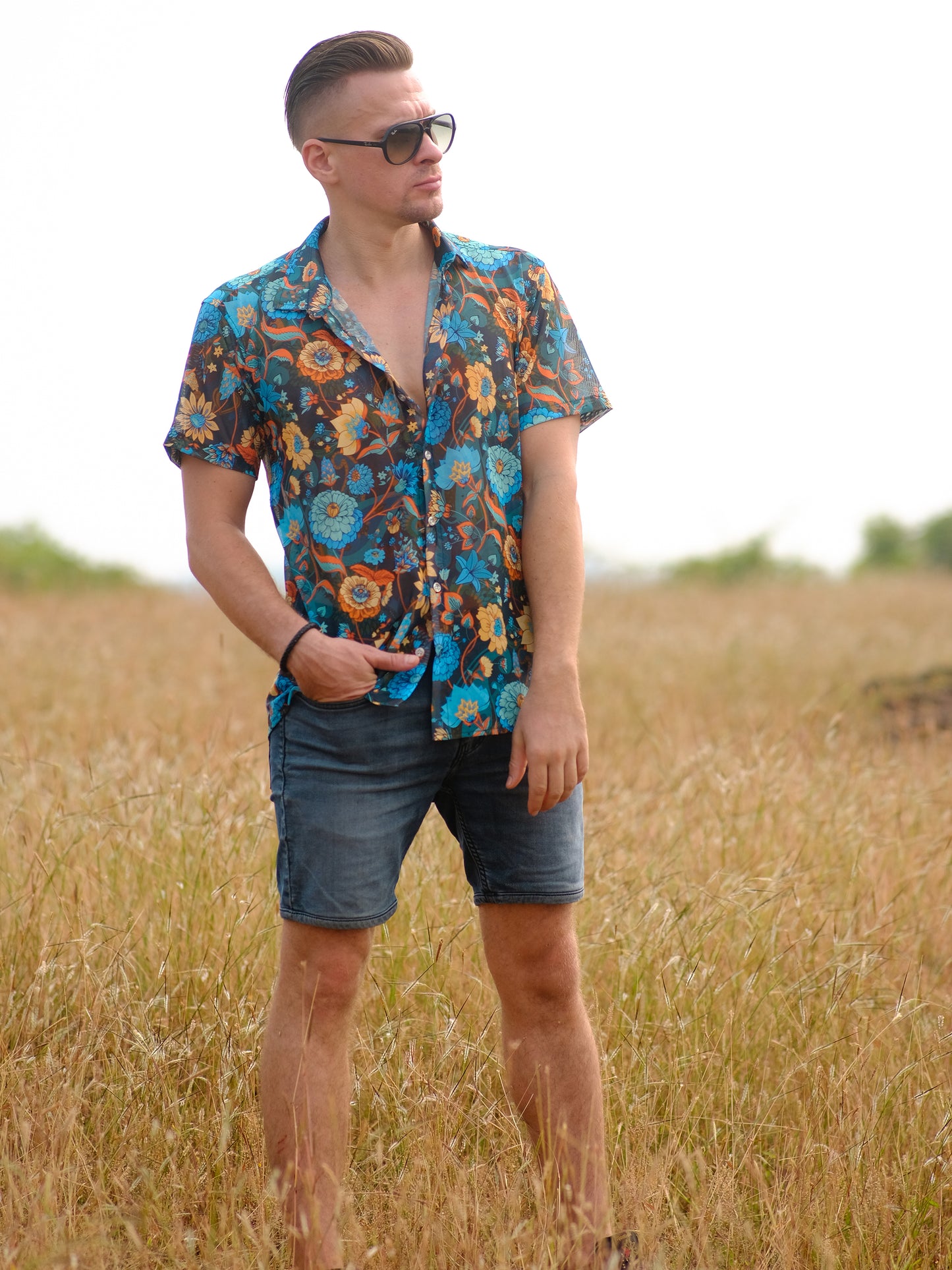 Men's Floral Oversized Net Azure Stylish Shirt For Travel