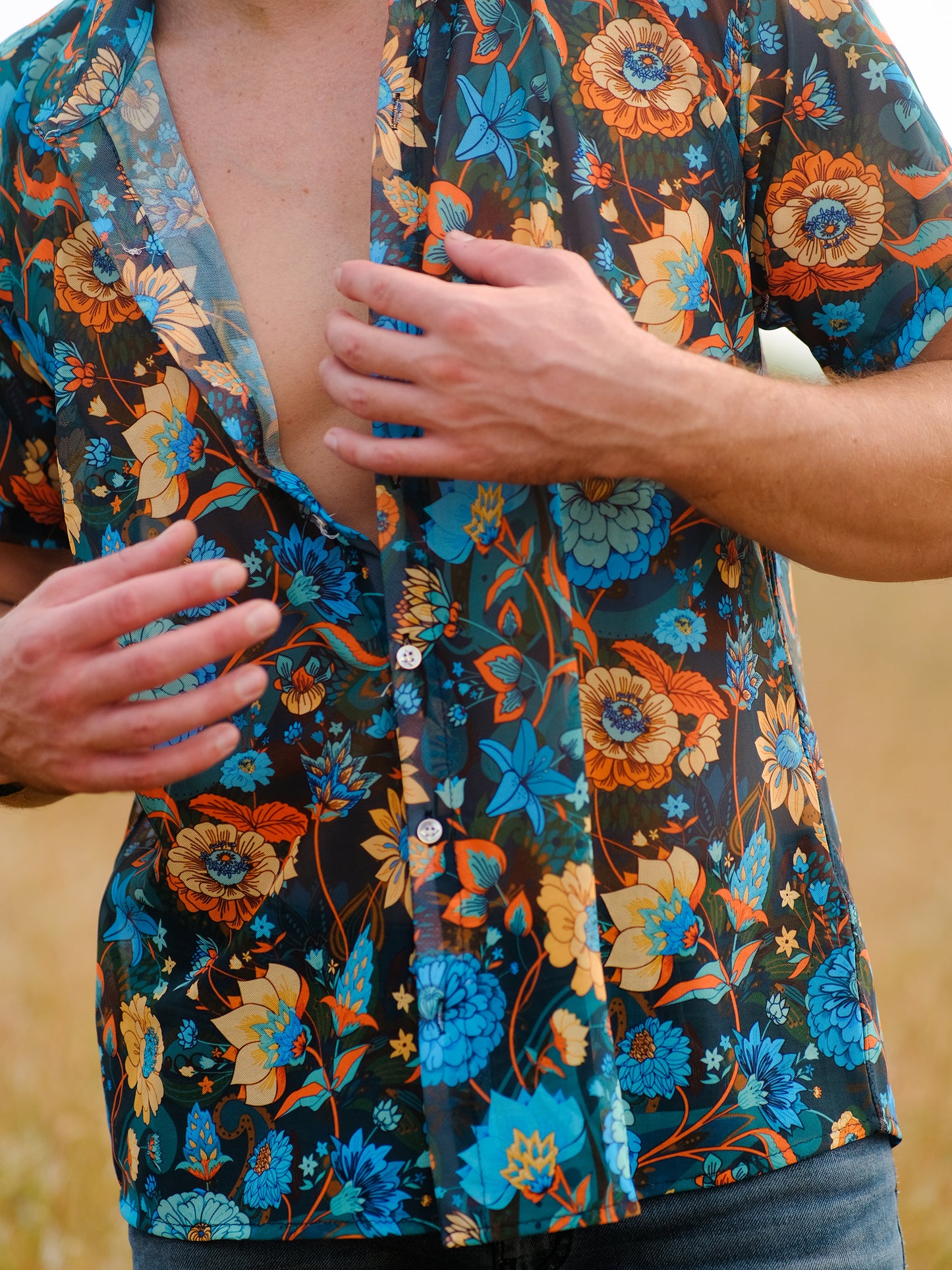 Men's Floral Oversized Net Azure Stylish Shirt For Travel