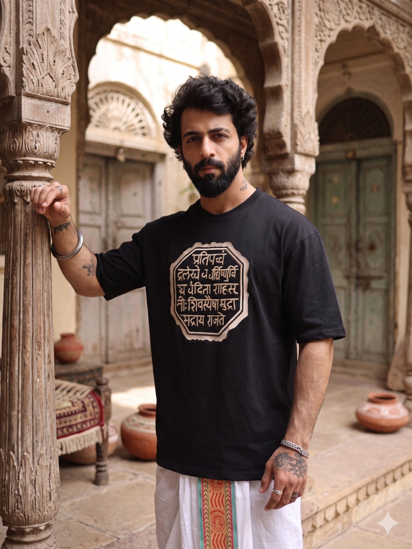 Men's Zari Embroidered Oversized T-Shirt | Shivaji Maharaj Rajmudra