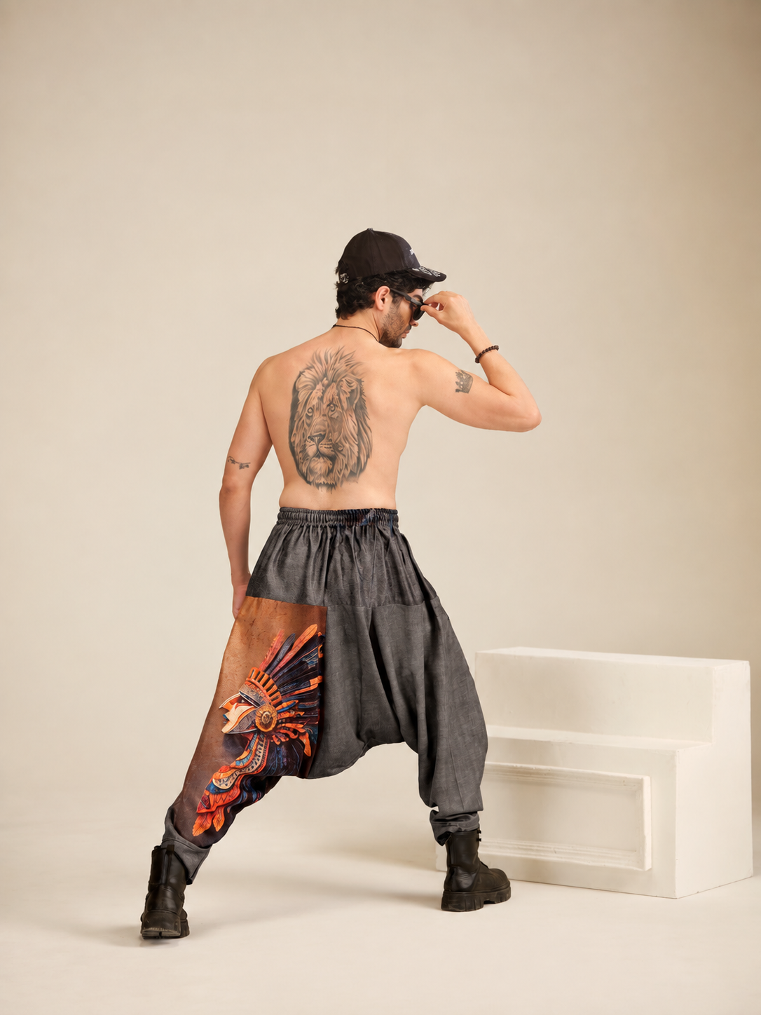 Grey poly-cotton harem pants for men in a relaxed baggy fit