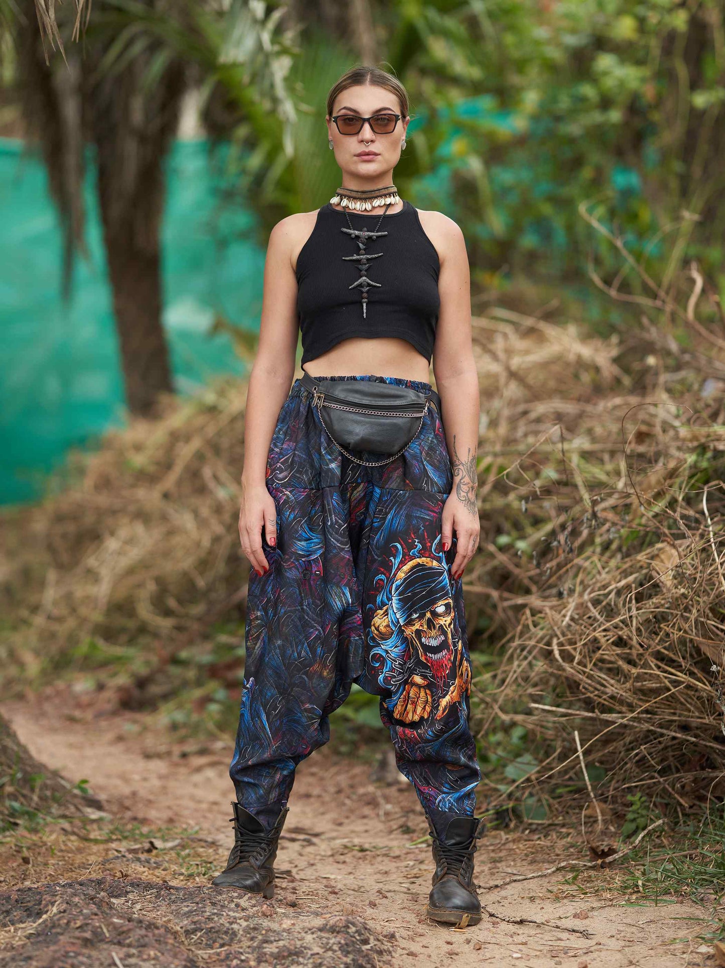 Buy Women's Scary Skull Print Baggy Balloon Aladdin Harem Pants For Dance Travel Yoga