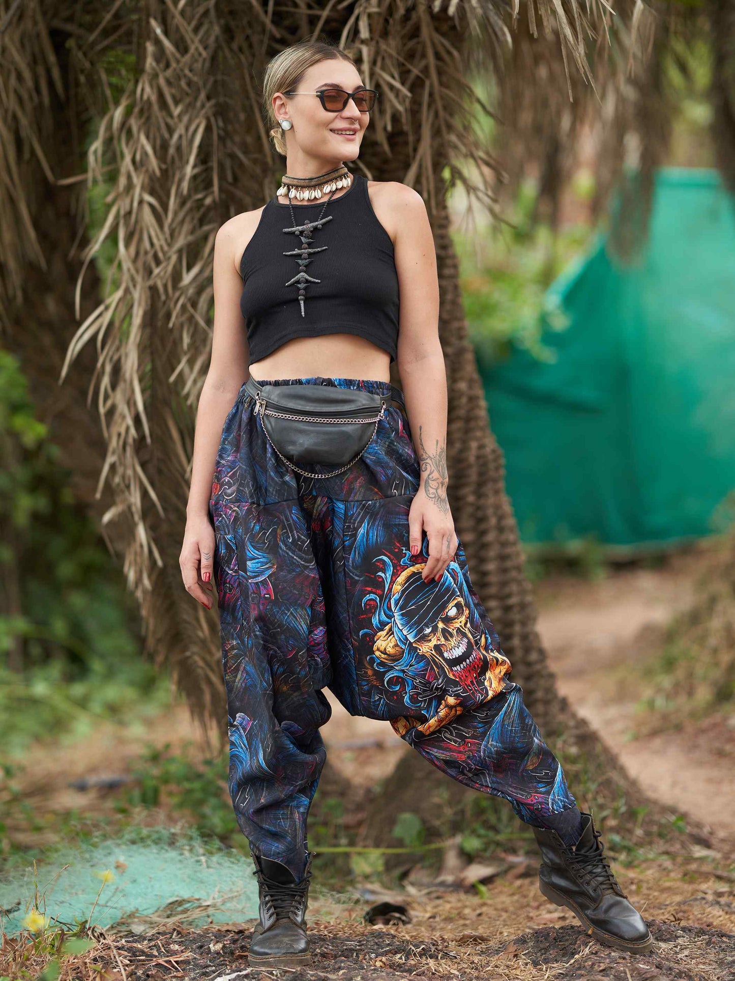 Buy Women's Scary Skull Print Baggy Balloon Aladdin Harem Pants For Dance Travel Yoga