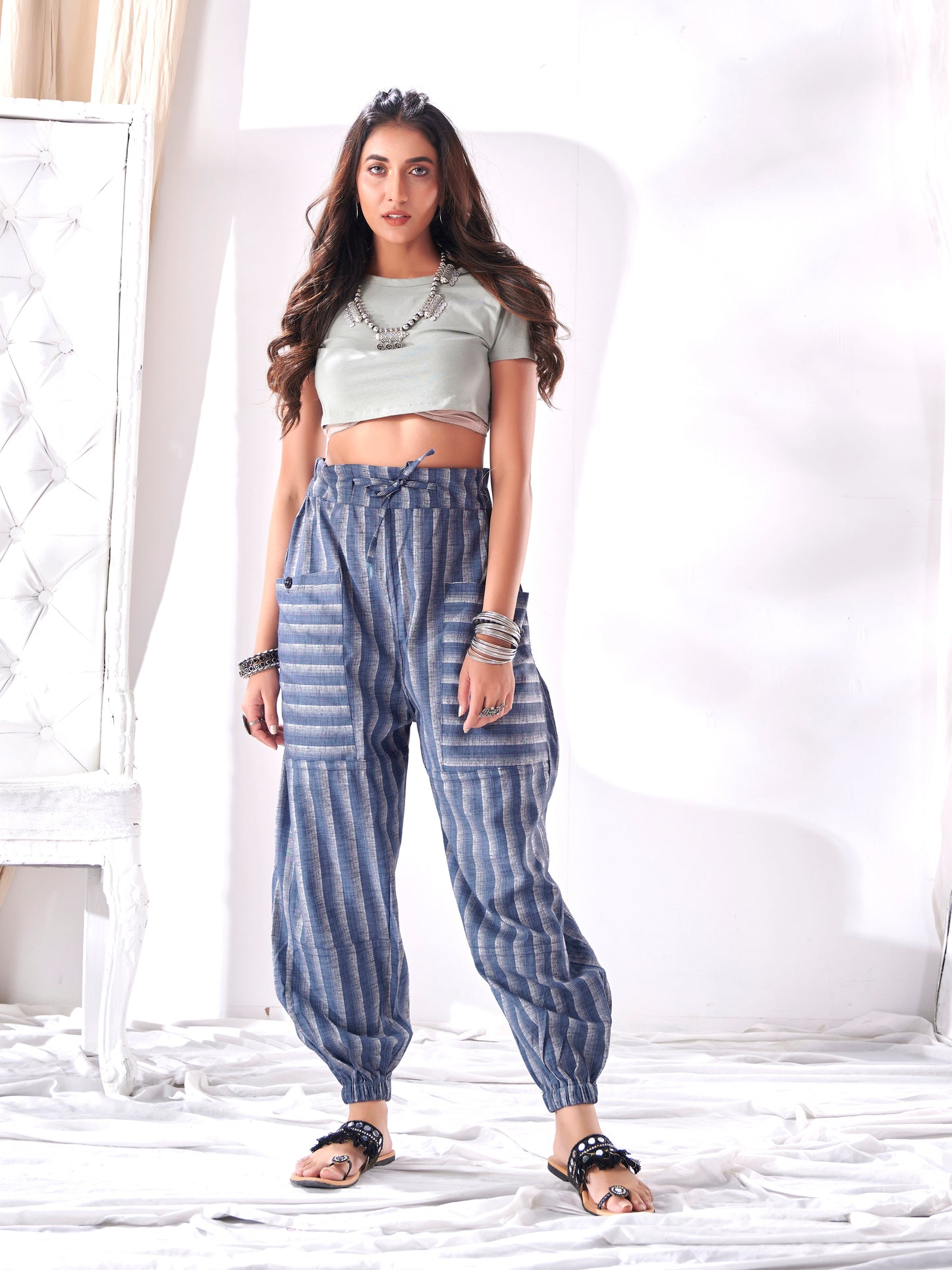 Buy Shades Of Blue Stripes Hoppers Harem Unisex Pants For Men And Women