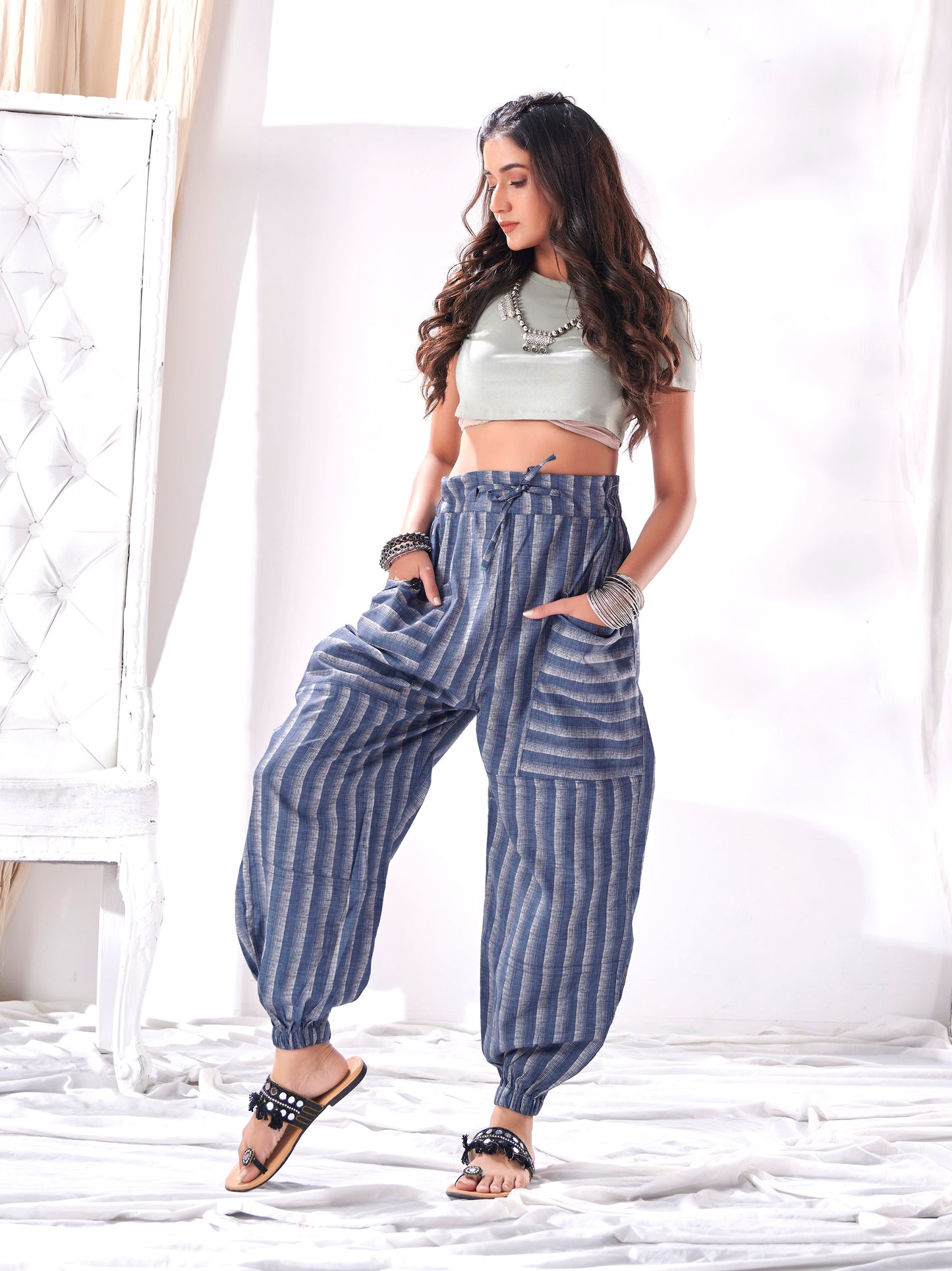 Buy Shades Of Blue Stripes Hoppers Harem Unisex Pants For Men And Women