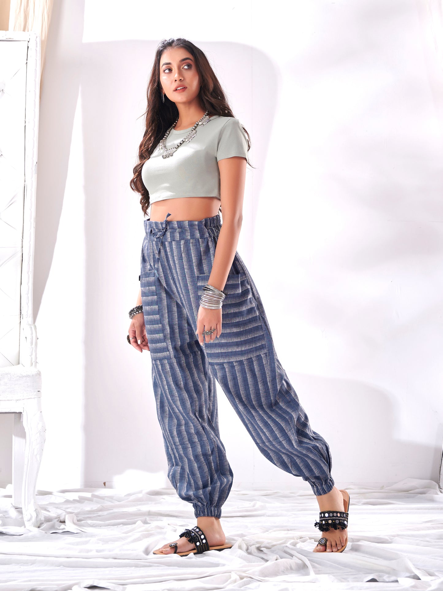 Buy Shades Of Blue Stripes Hoppers Harem Unisex Pants For Men And Women