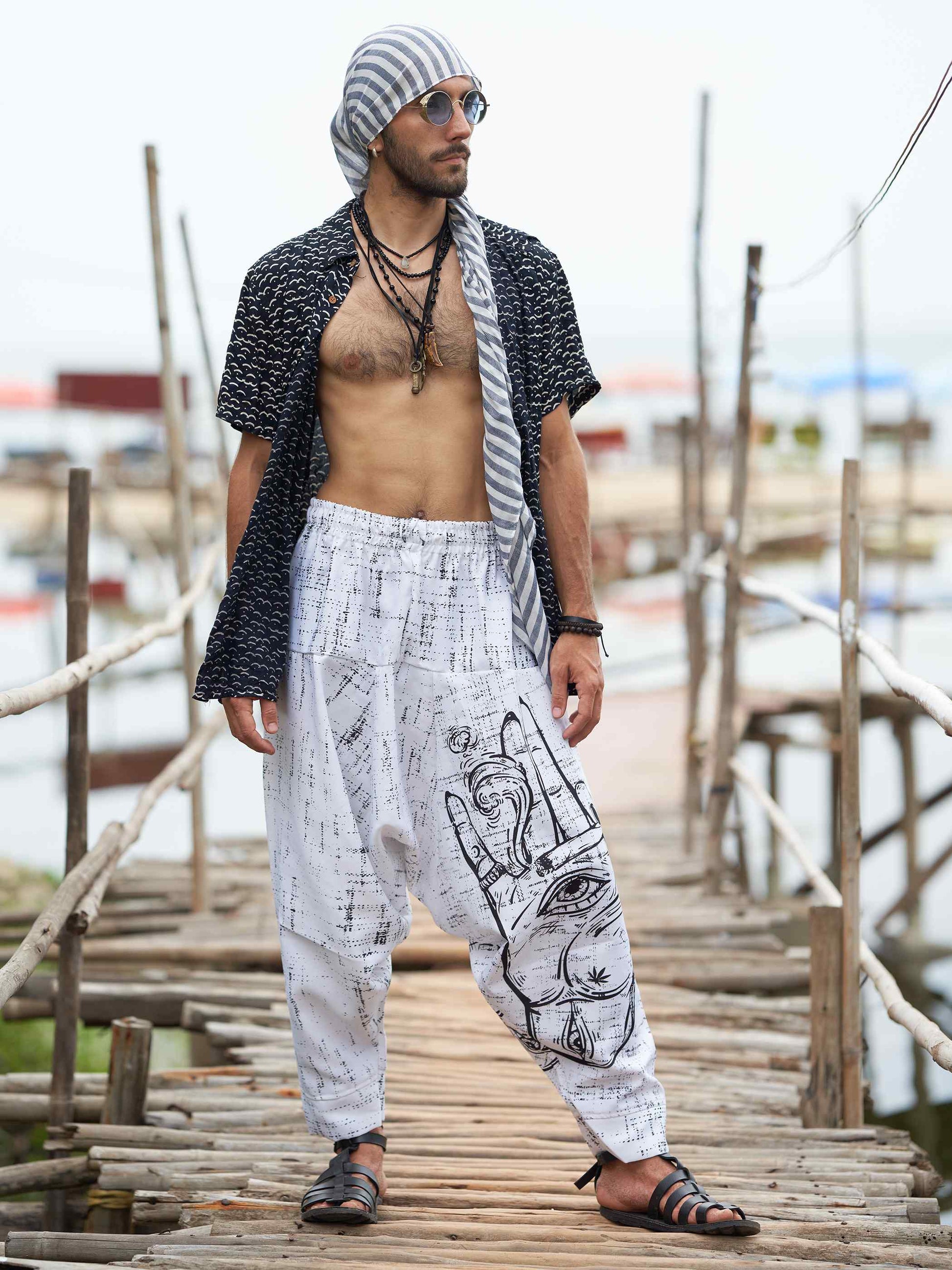 Buy Men's Hand of Fatima Print Vintage Hippy Harem Pants For Travel Yoga Dance