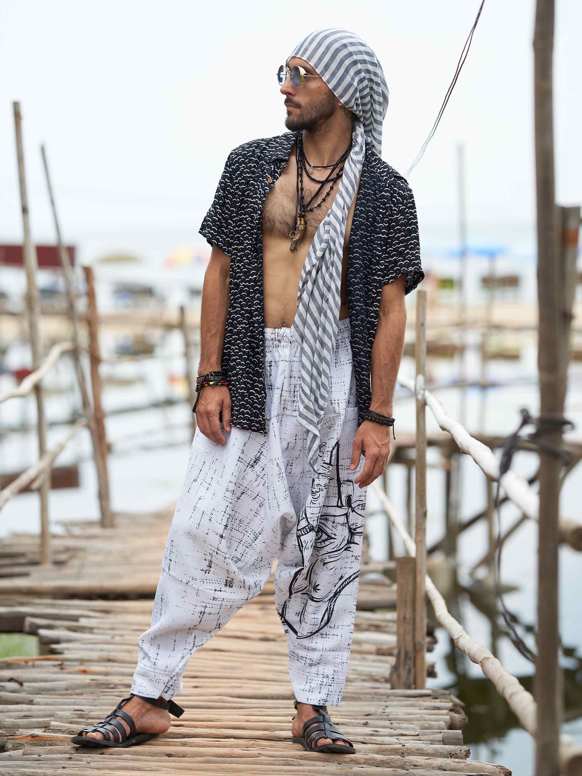 Men's Hand of Fatima Print Vintage Hippy Harem Pants For Travel Yoga Dance