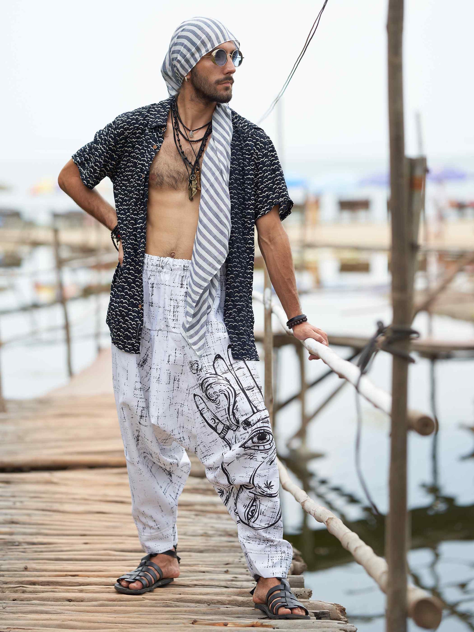 Buy Men's Hand of Fatima Print Vintage Hippy Harem Pants For Travel Yoga Dance