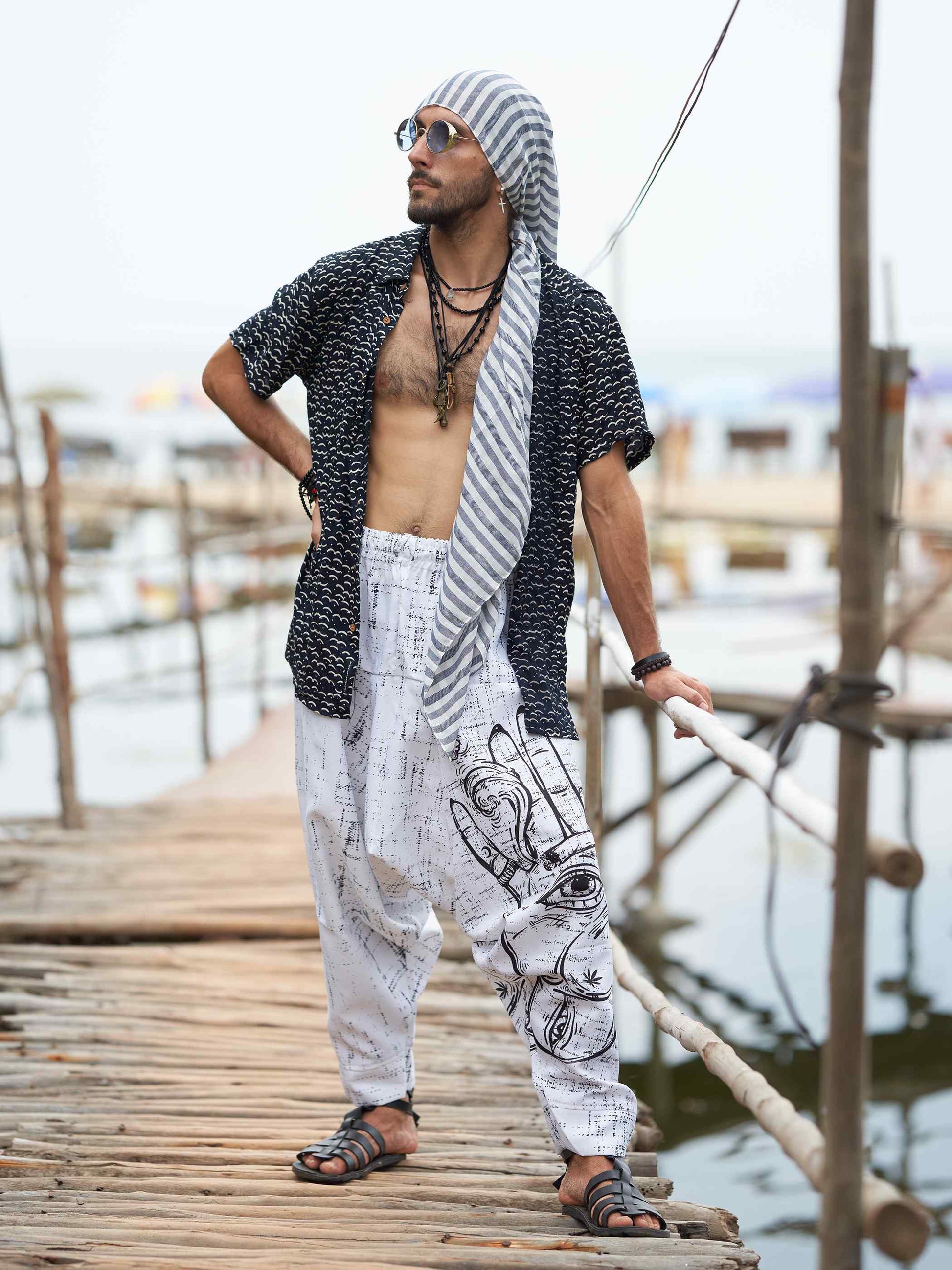 Buy Men's Hand of Fatima Print Vintage Hippy Harem Pants For Travel Yoga Dance