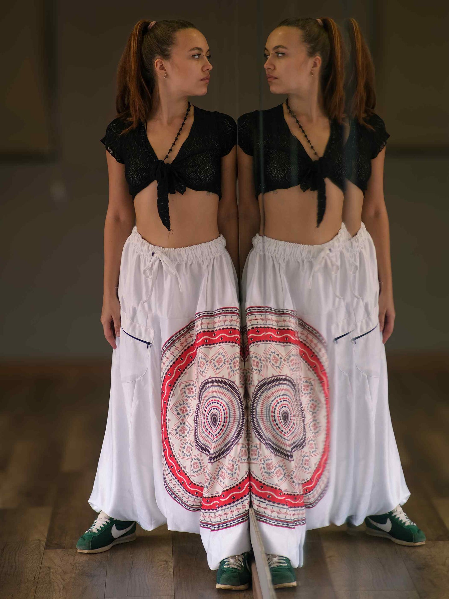 Women's White Mandala Print Dhoti Baggy Harem For Dance Yoga Travel
