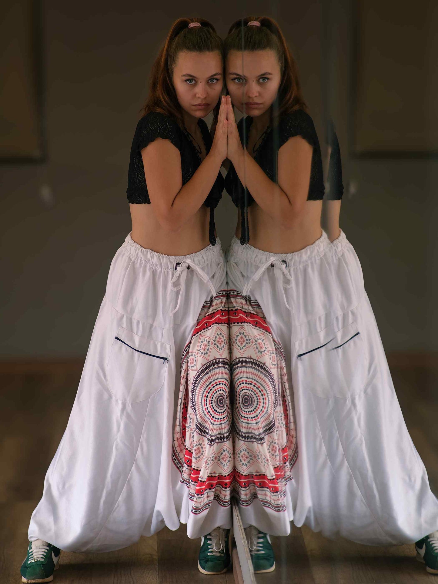 Women's White Mandala Print Dhoti Baggy Harem For Dance Yoga Travel