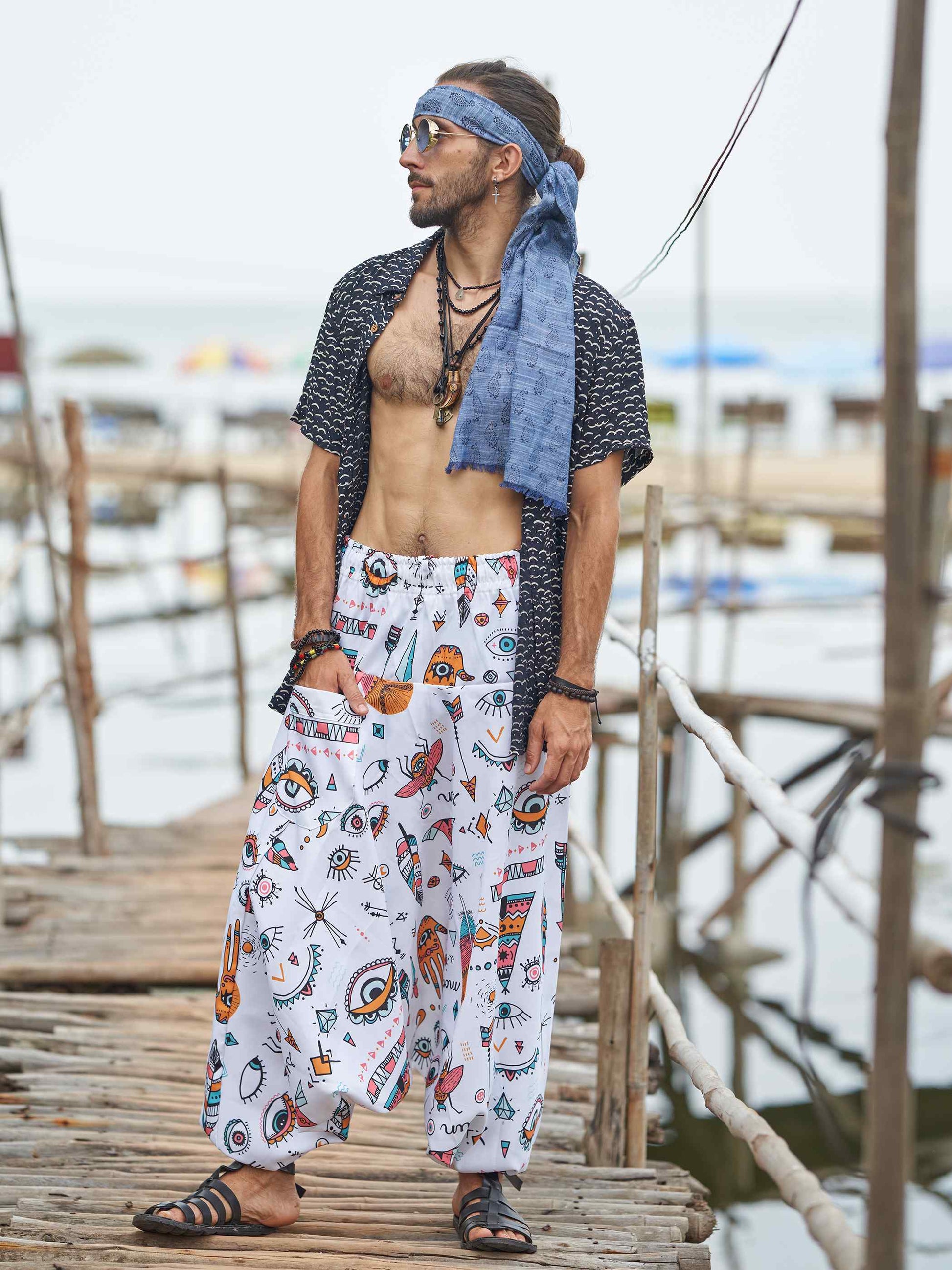 Shop Men's Evil Eye Hippy Baggy Aladdin Bohemian Harem Pants For Travel Dance Yoga