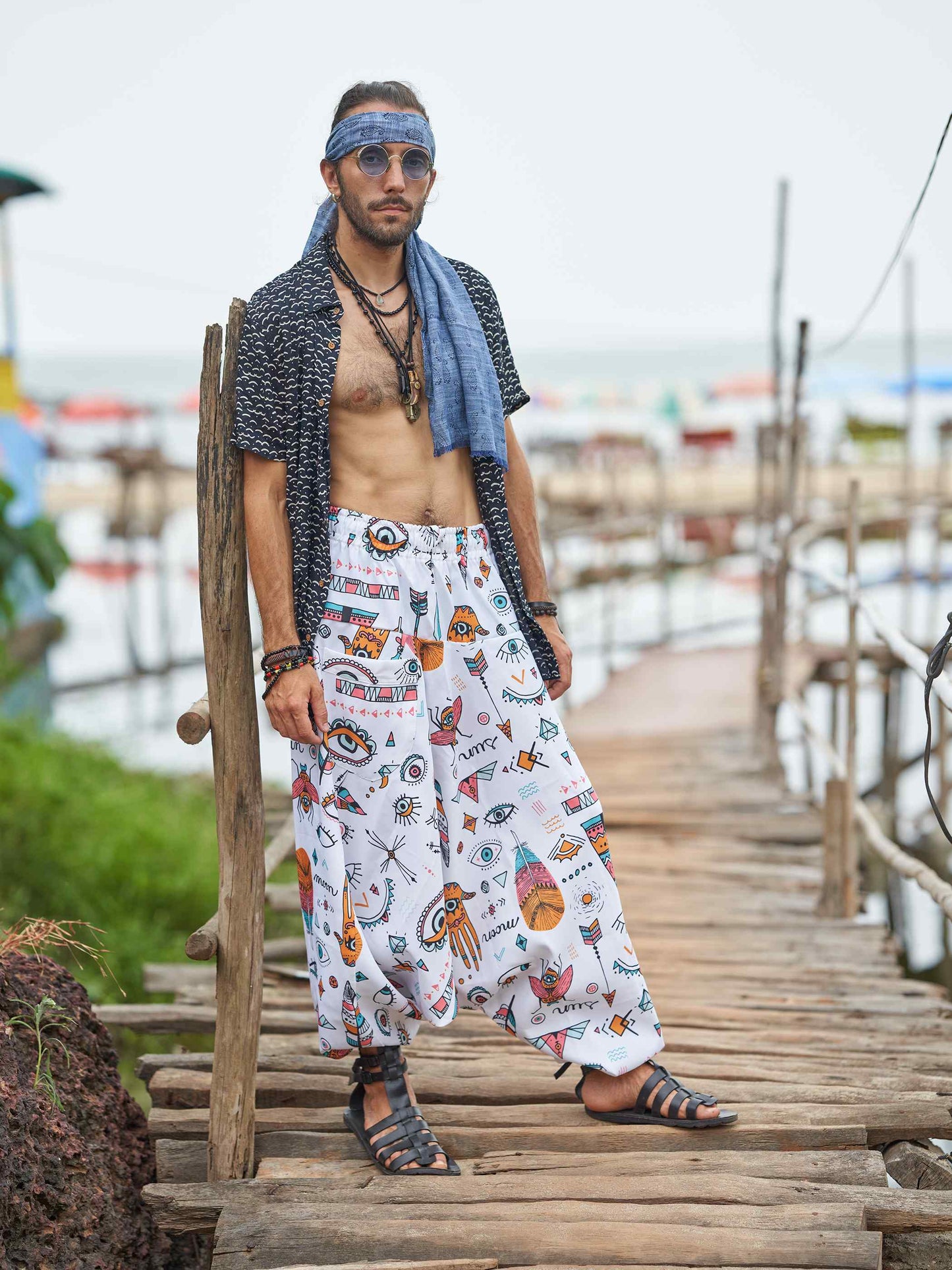 Men's Evil Eye Hippy Baggy Aladdin Bohemian Harem Pants For Travel Dance Yoga