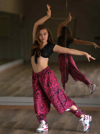 Women's Red Boho Baggy Hippy Harem Pants For Dance Travel Yoga