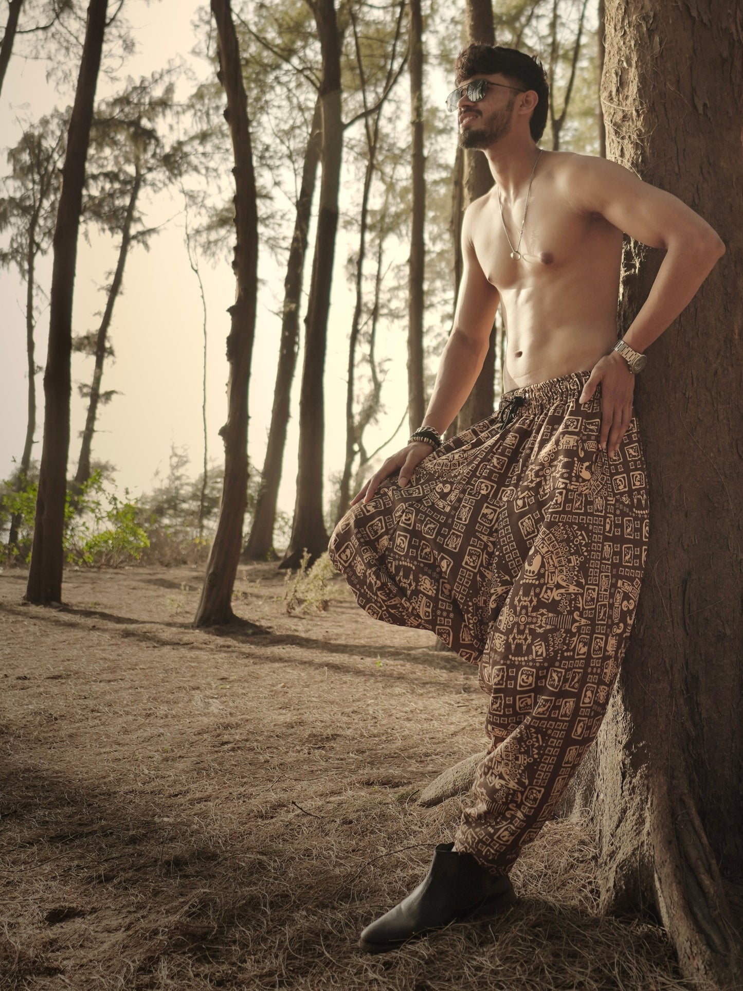 Tribal Brown Printed Harem Pants for Men – Free Size Trousers for Dance, Travel & Yoga