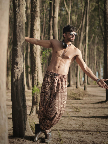 Tribal Brown Printed Harem Pants for Men – Free Size Trousers for Dance, Travel & Yoga