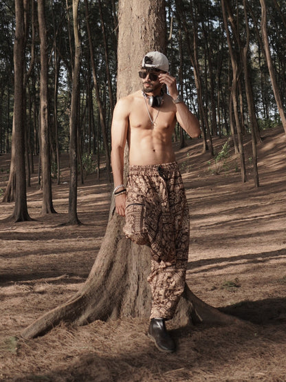 Tribal Brown Printed Harem Pants for Men – Free Size Trousers for Dance, Travel & Yoga