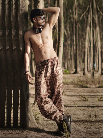 Tribal Brown Printed Harem Pants for Men – Free Size Trousers for Dance, Travel & Yoga