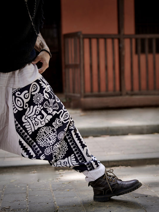 Men’s Tribal Print Harem Pants – Free Size Boho Aladdin Pants for Travel, Dance & Yoga