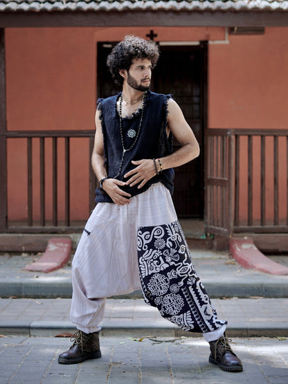 Men’s Tribal Print Harem Pants – Free Size Boho Aladdin Pants for Travel, Dance & Yoga