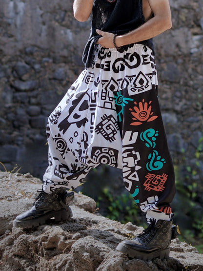 Tribal Print Men’s Harem Pants – Free Size Drop Crotch Pants for Dance, Travel & Yoga