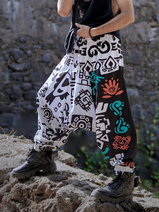 Tribal Print Men’s Harem Pants – Free Size Drop Crotch Pants for Dance, Travel & Yoga
