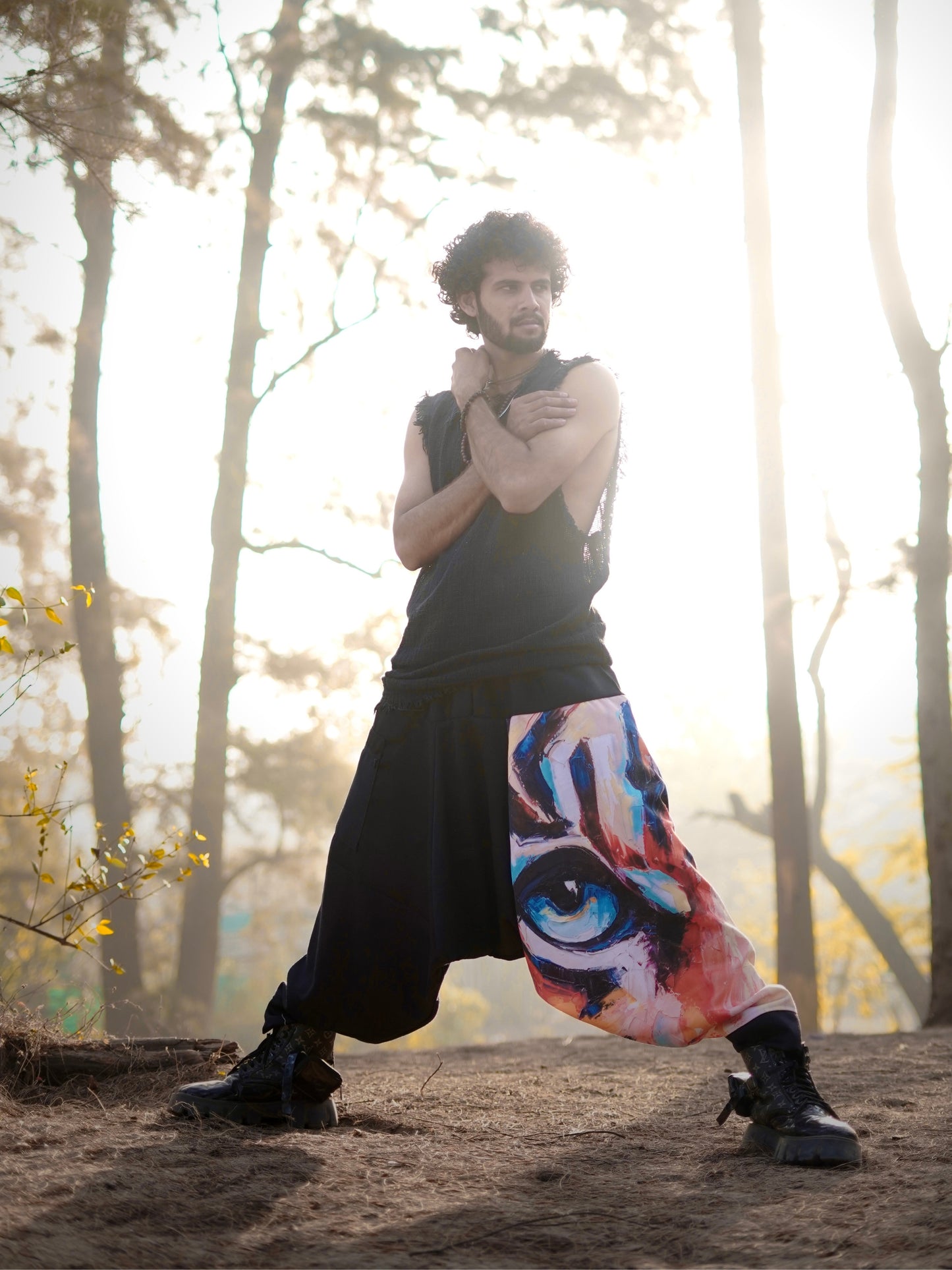 Men’s Harem Pants – Artistic Eye Print - Free Size Boho Streetwear for Dance, Travel & Yoga
