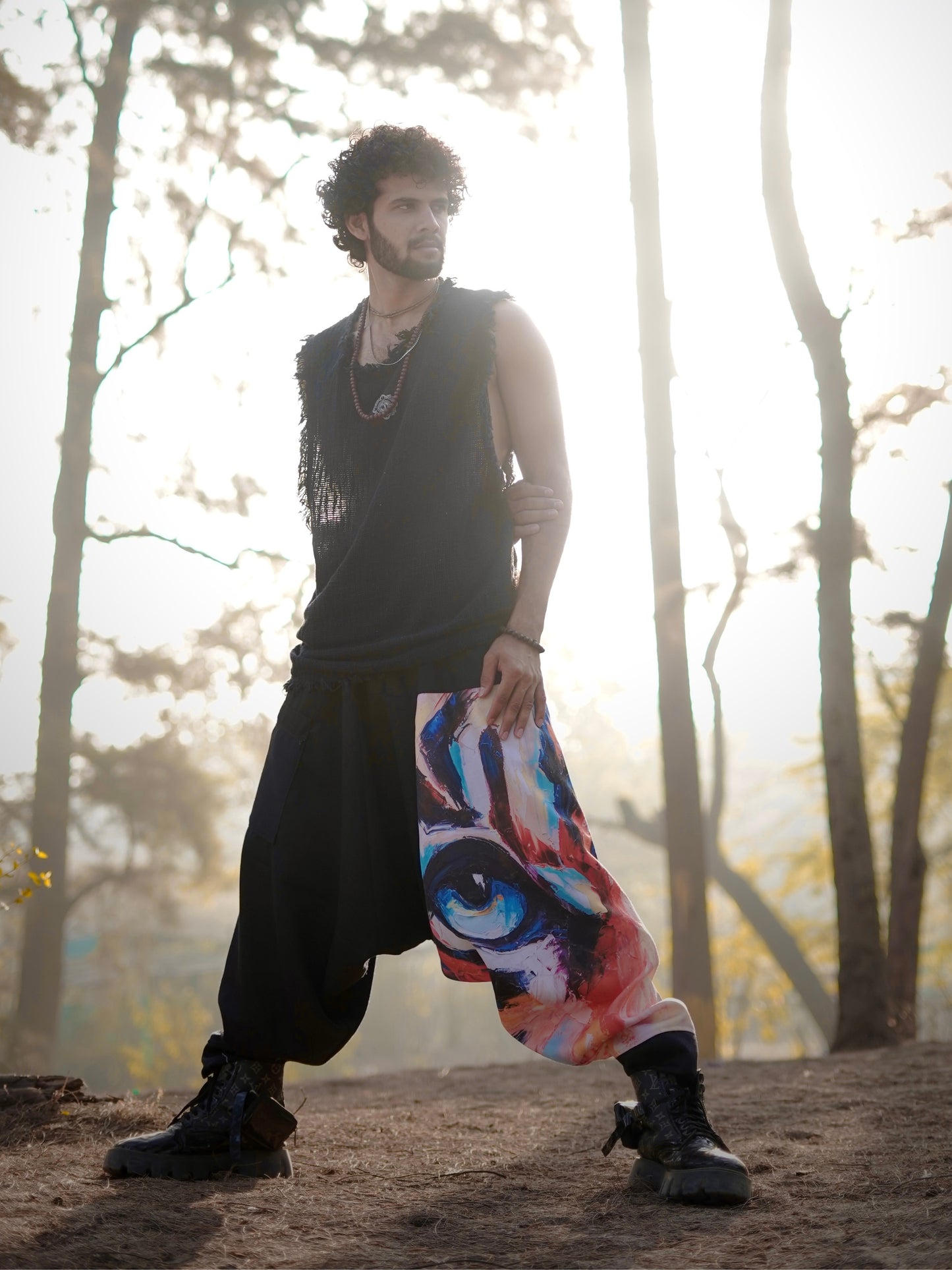 Men’s Harem Pants – Artistic Eye Print - Free Size Boho Streetwear for Dance, Travel & Yoga